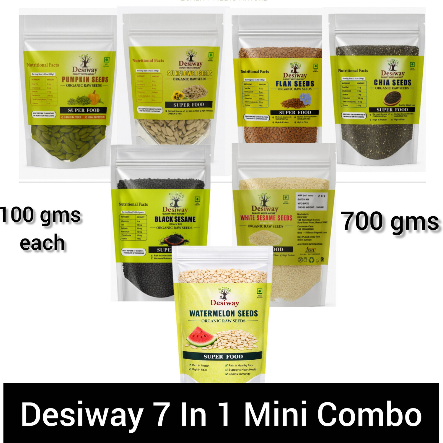 Image of Desiway Desiway 7 IN 1 Mini Combo Chia Seeds, Black Sesame Seeds, Pumpkin Seeds, Brown Flax Seeds, Sunflower Seeds, Watermelon Seeds, White Sesame Seeds