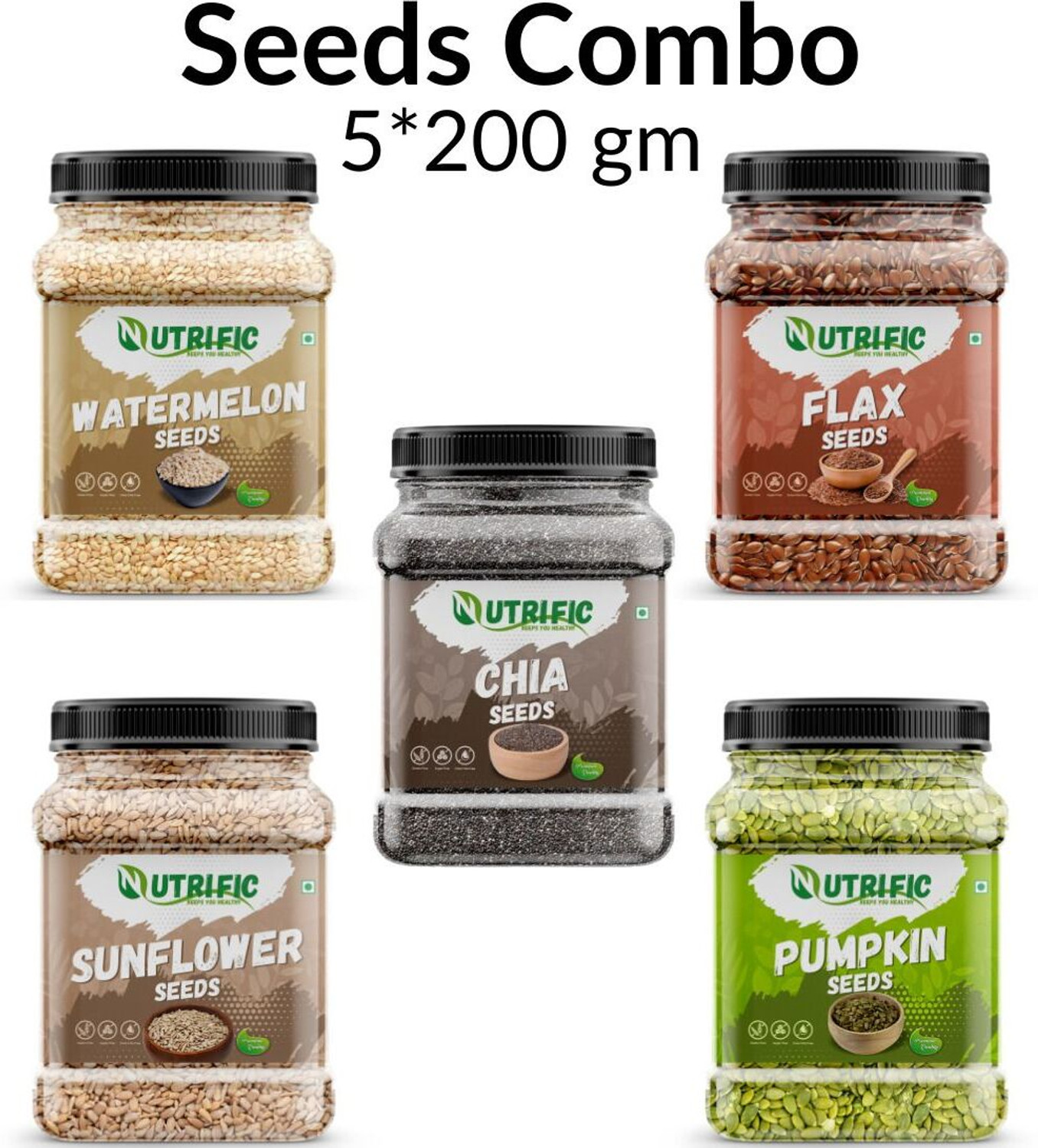 Image of Nutrific Seeds Combo Pack | Raw Edible Seeds | Seeds Combo (200gm Each) Chia Seeds, Sunflower Seeds, Pumpkin Seeds, Watermelon Seeds, Brown Flax Seeds