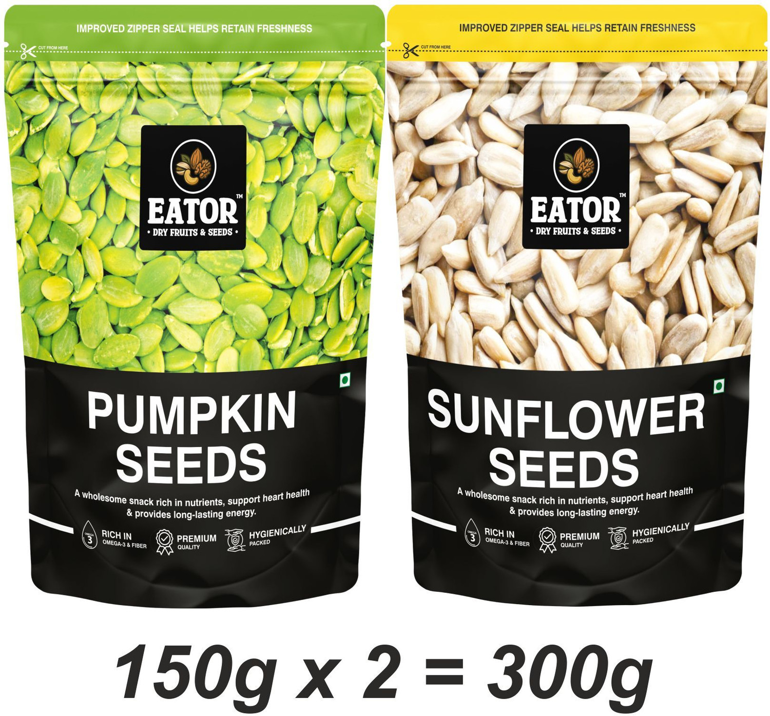 Image of EATOR Seeds Combo 300gm (150gm Each), Pack of 2, Pumpkin Seeds, Sunflower Seeds