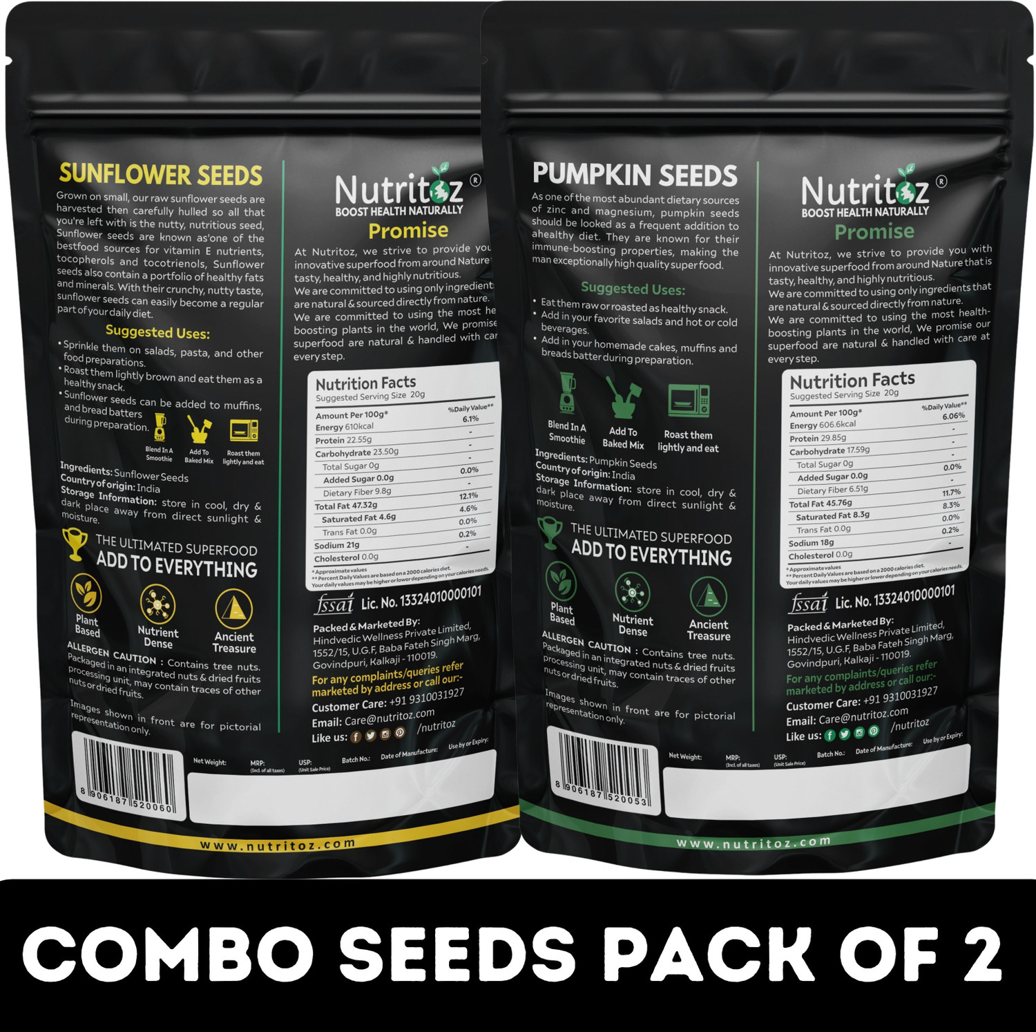 Image of Nutritoz Premium 800g Raw Pumpkin Seeds & Sunflower Seeds Combo Pack of 2 | 400GM Each of Pumpkin Seeds, Sunflower Seeds
