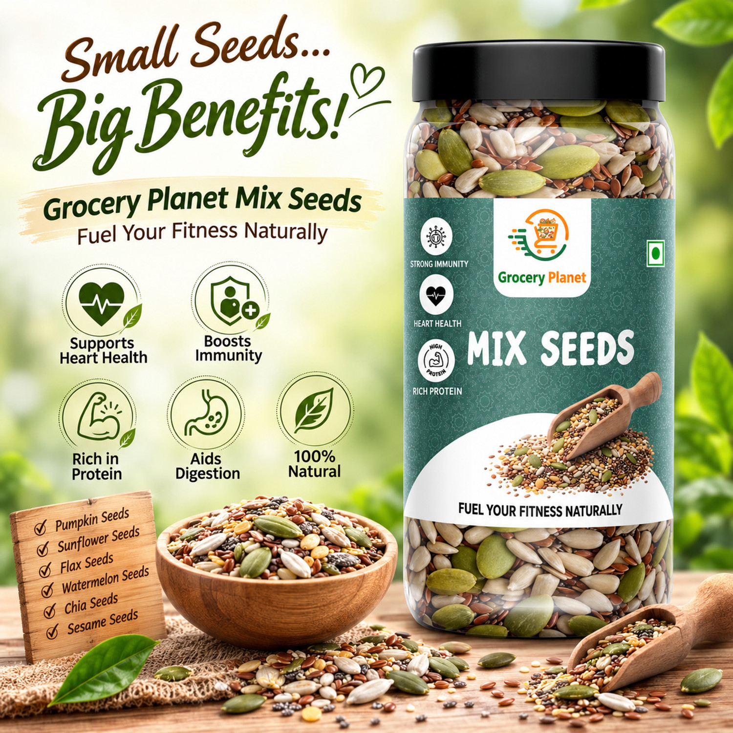 Image of Grocery Planet 5-in-1 Mix Seeds - Chia, Flax, Pumpkin, Sunflower & Watermelon |Superfood Mixed Seeds