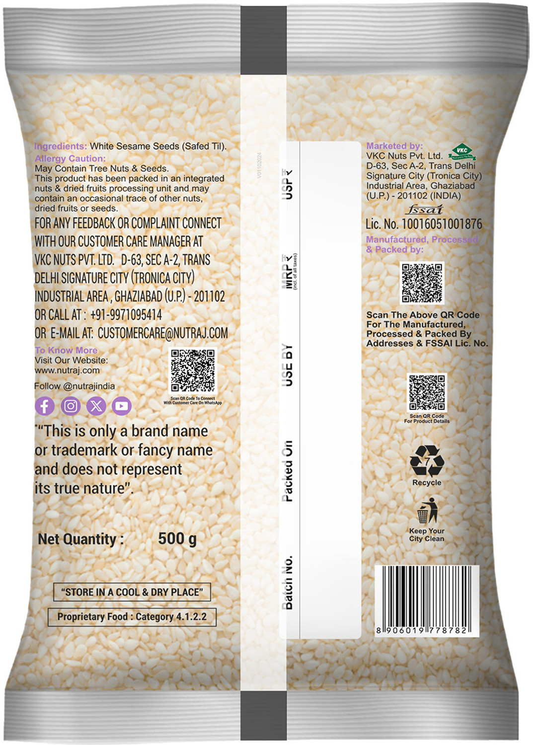 Image of Nutraj White Sesame Seeds 1 Kg (500g x 2), Raw Safed Till, White Til Seeds for Eating Sesame Seeds