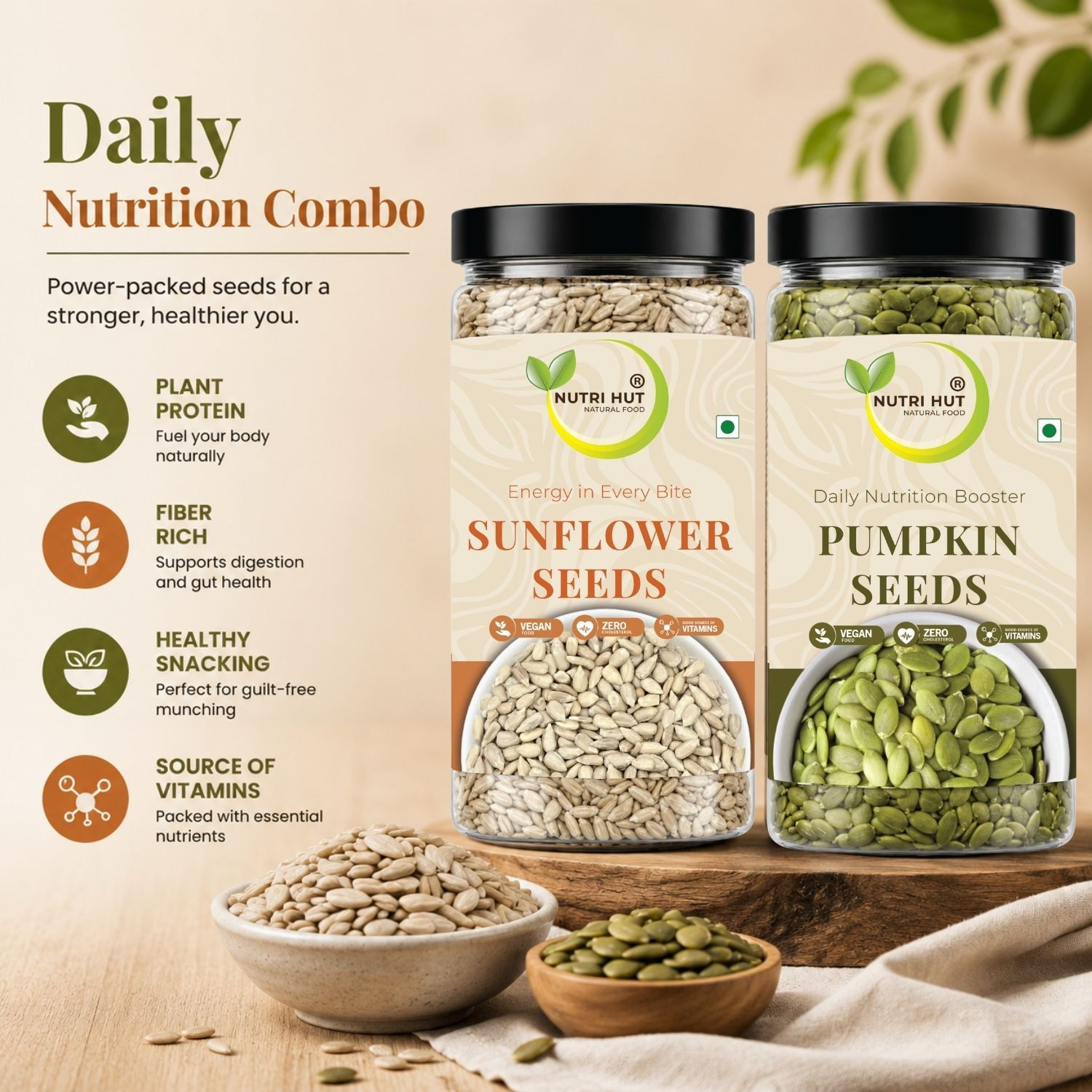 Image of Nutri Hut Super Seeds Combo Pack | 100% Natural & Healthy Pumpkin Seeds, Sunflower Seeds