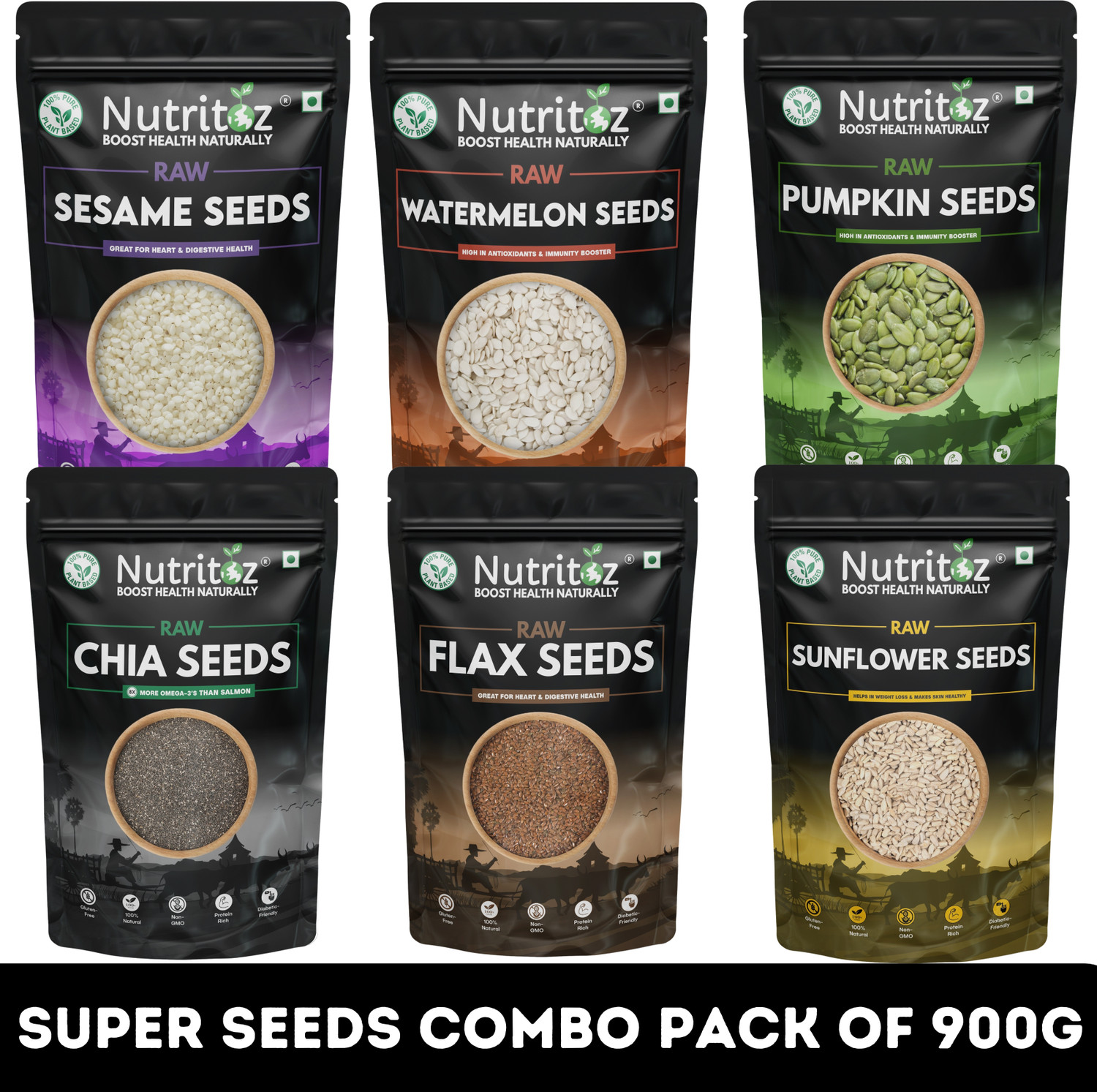 Image of Nutritoz Raw Mix Seeds 900gm Combo Pack Of 6 for Weight Loss with Omega-3 & Fiber Rich Chia Seeds, Brown Flax Seeds, Pumpkin Seeds, Sunflower Seeds, Watermelon Seeds, Sesame Seeds