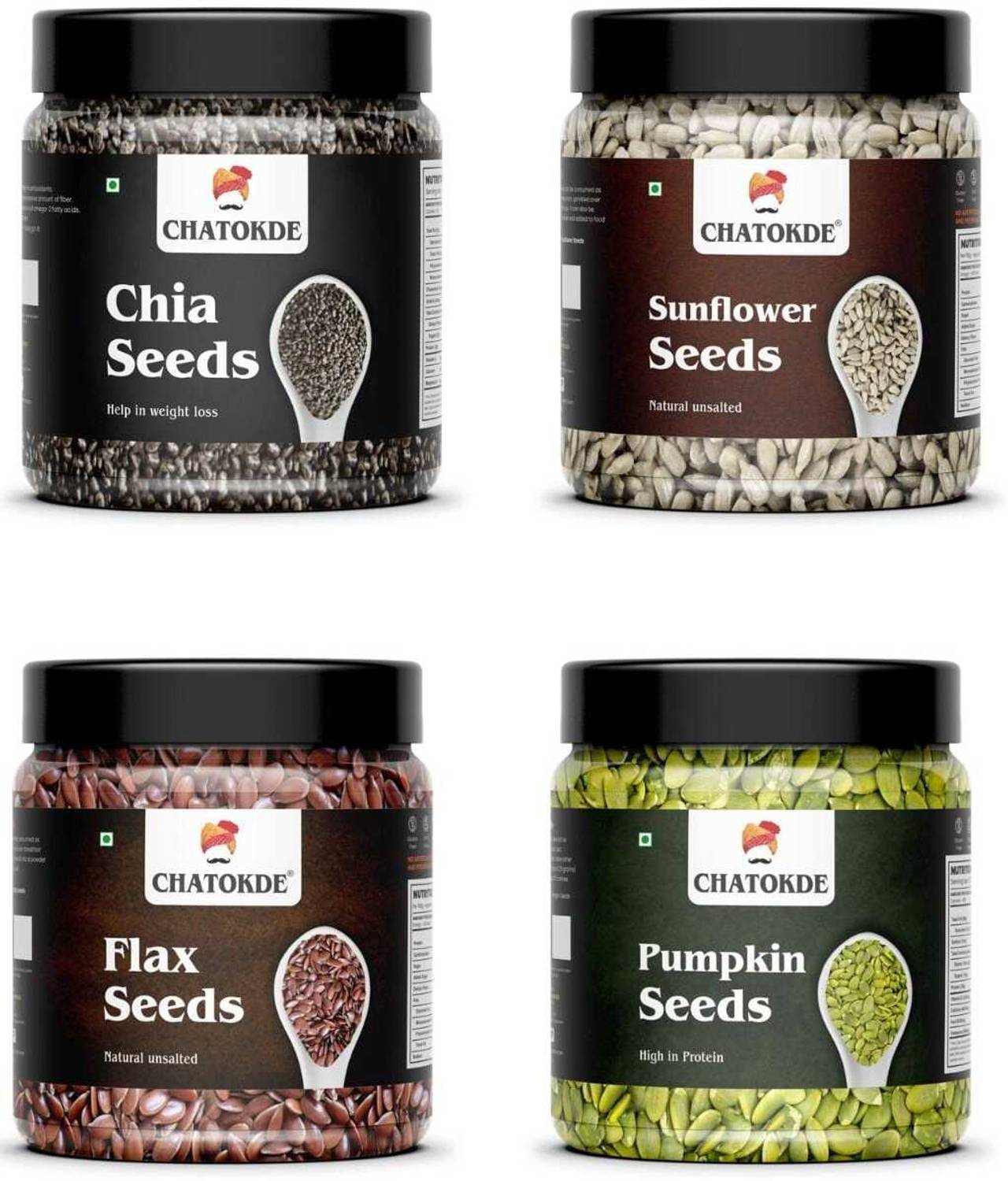 CHATOKDE Dried Pumpkin & Sunflower Seeds- 250g, Flax & Chia Seeds - 300g each Mixed Seeds