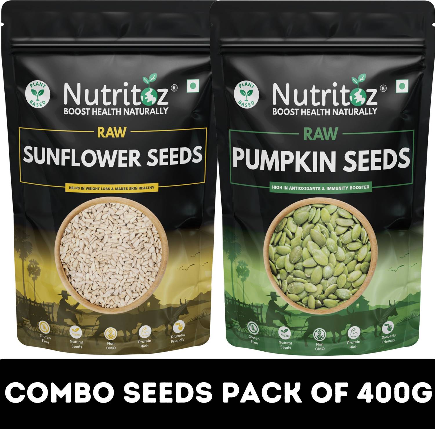 Nutritoz Pumpkin Seeds & Sunflower Seeds Combo Pack of 400G | Premium Quality Pack of Pumpkin Seeds, Sunflower Seeds