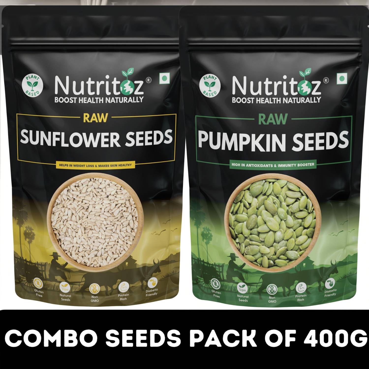 Nutritoz Pumpkin Seeds & Sunflower Seeds Combo Pack of 400G | Premium Quality Pack of Pumpkin Seeds, Sunflower Seeds