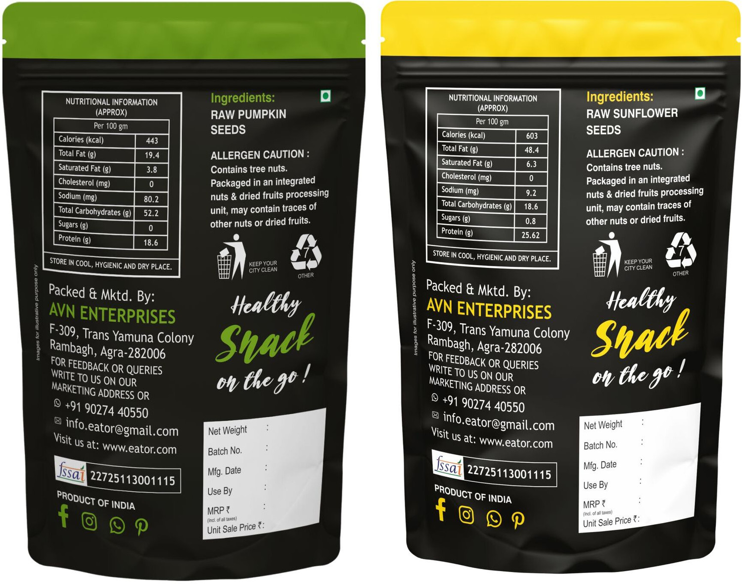 Image of EATOR Seeds Combo 300gm (150gm Each), Pack of 2, Pumpkin Seeds, Sunflower Seeds