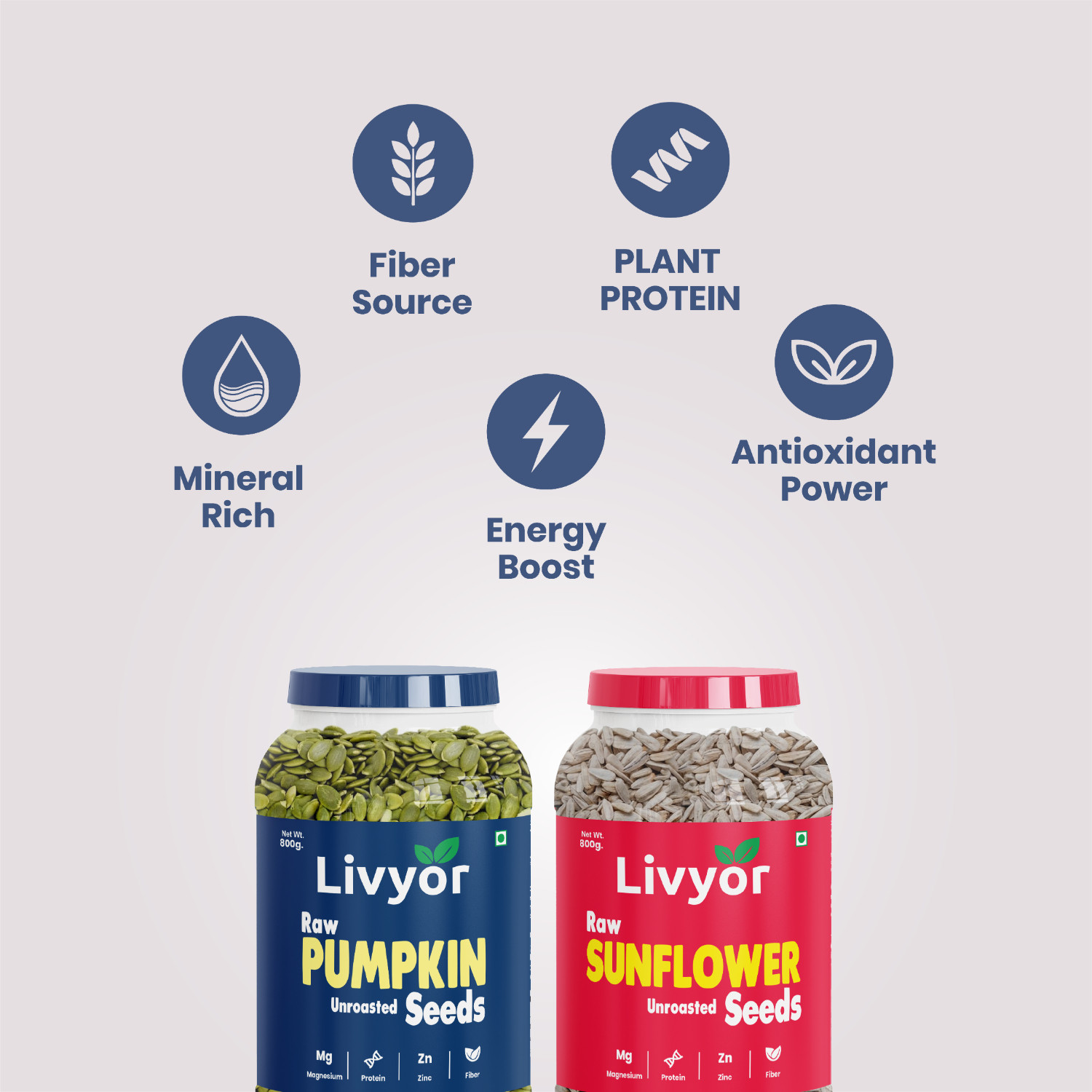 Image of LIVYOR Raw Pumpkin Seeds & Sunflower Seeds Combo Pack for eating (800 g each) Pumpkin Seeds, Sunflower Seeds