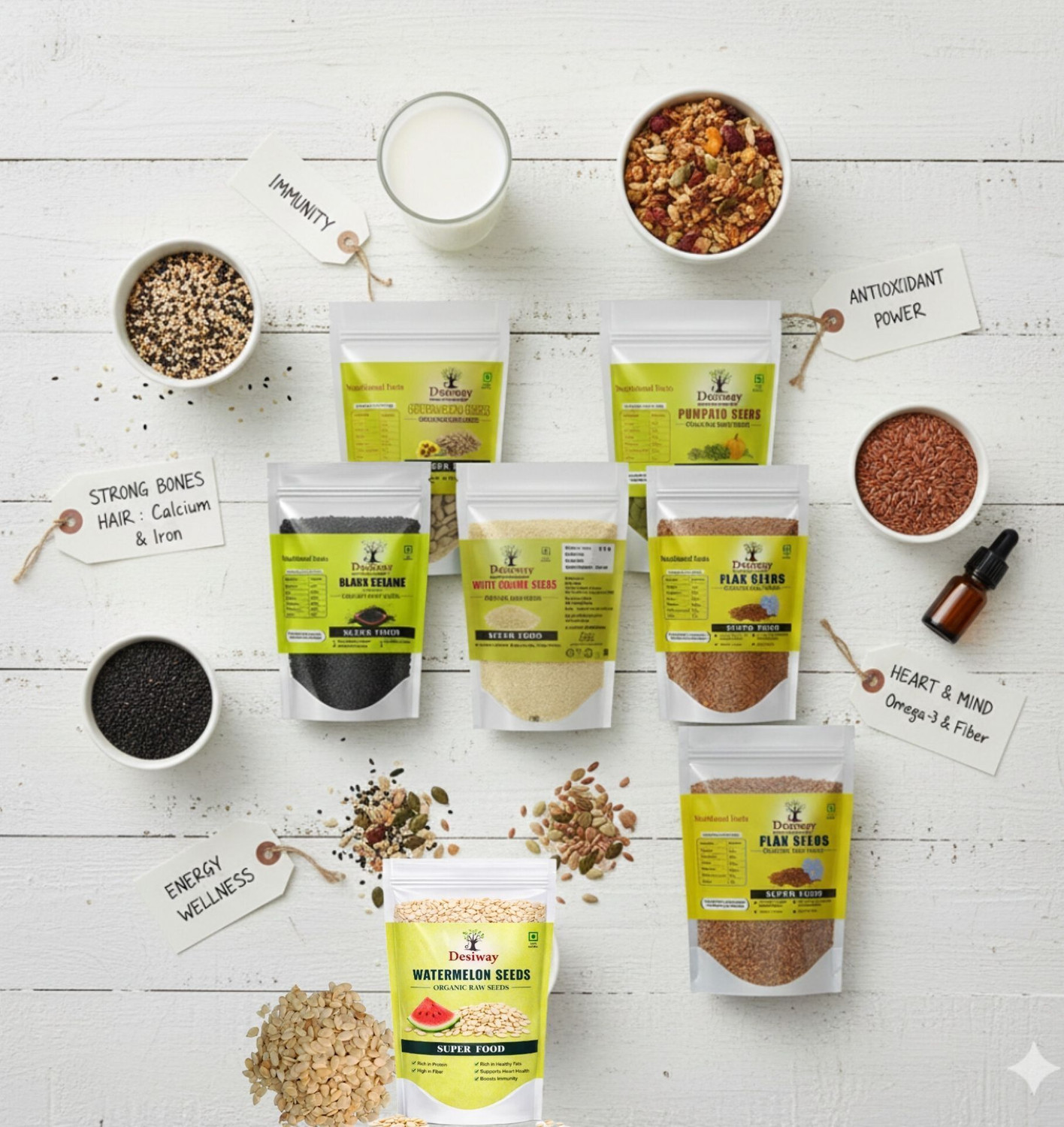 Image of Desiway Desiway 7 IN 1 Mini Combo Chia Seeds, Black Sesame Seeds, Pumpkin Seeds, Brown Flax Seeds, Sunflower Seeds, Watermelon Seeds, White Sesame Seeds