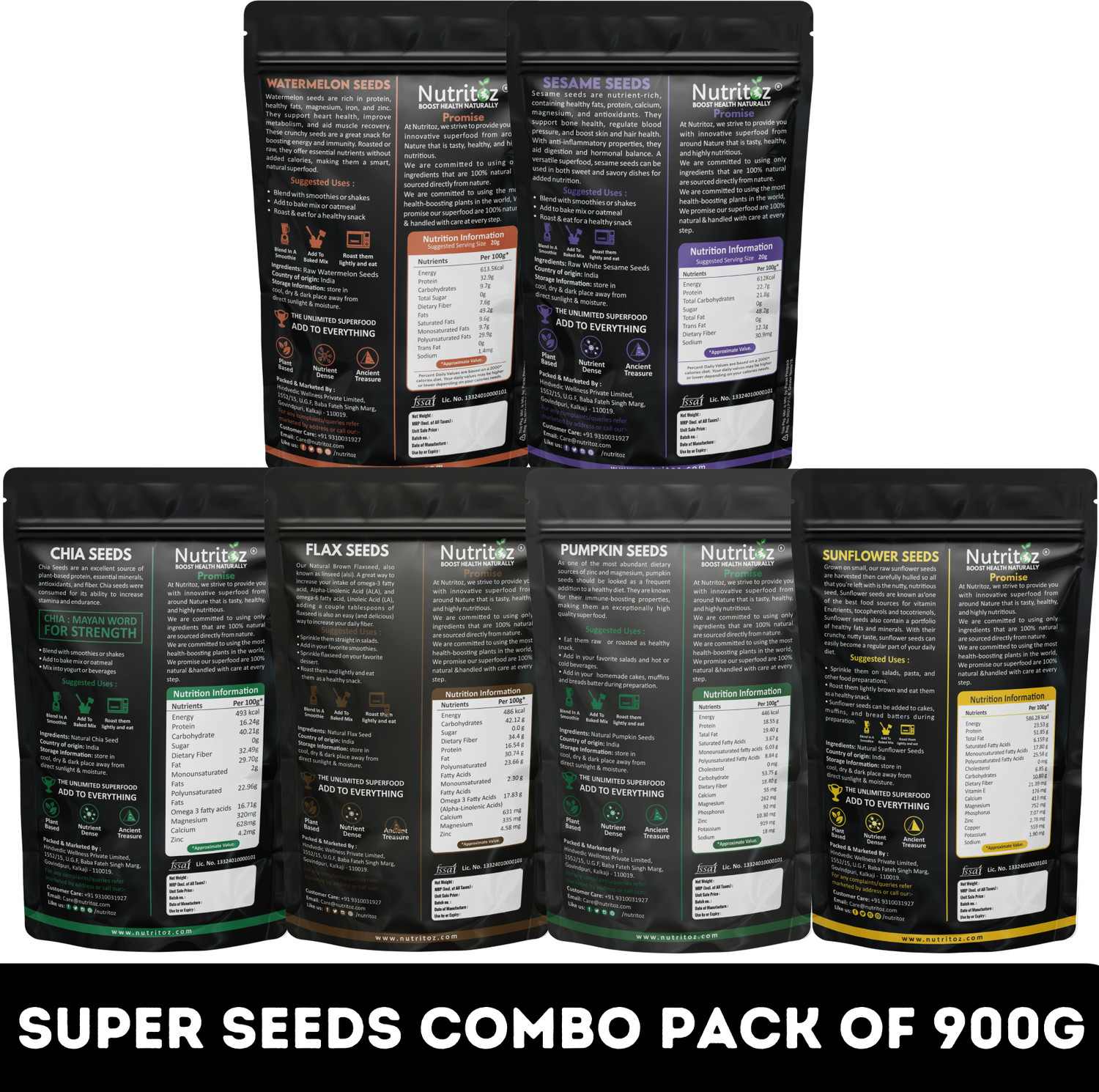 Image of Nutritoz Raw Mix Seeds 900gm Combo Pack Of 6 for Weight Loss with Omega-3 & Fiber Rich Chia Seeds, Brown Flax Seeds, Pumpkin Seeds, Sunflower Seeds, Watermelon Seeds, Sesame Seeds