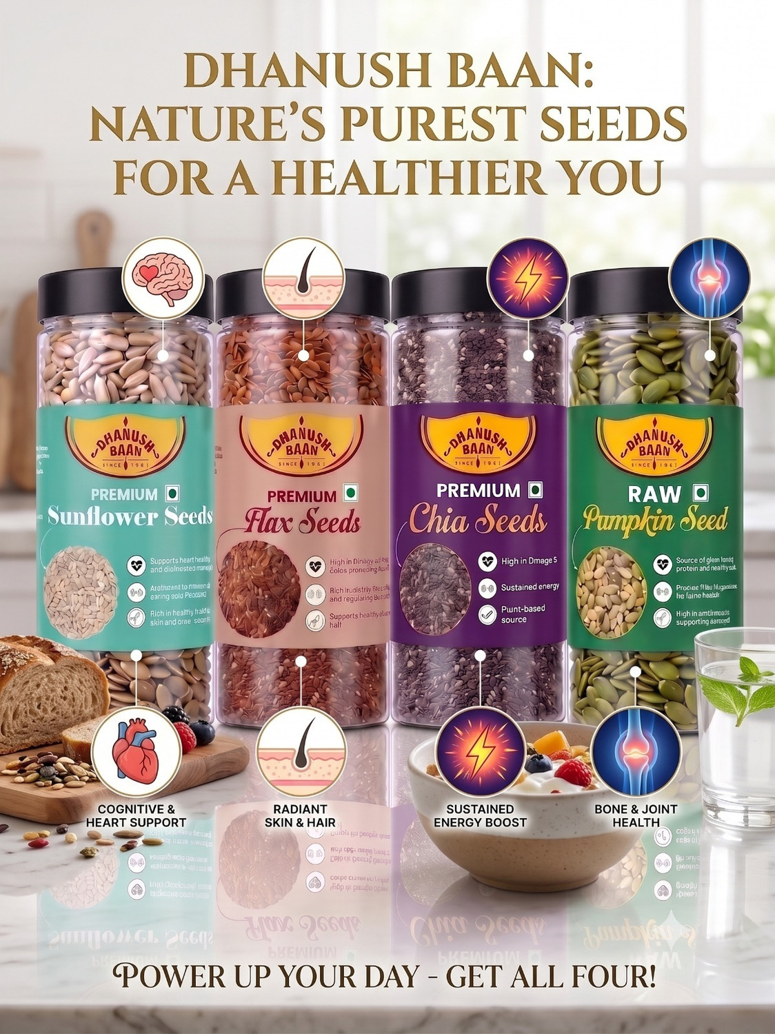 Image of Dhanush Baan 100% Natural Premium Pumpkin Seeds, Sunflower Seeds, Chia Seeds, Brown Flax Seeds