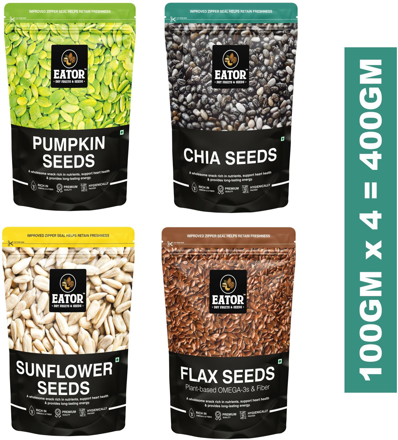 Image of EATOR Seeds Combo 400gm (100gm Each), Pack of 4, Pumpkin Seeds, Chia Seeds, Sunflower Seeds, Brown Flax Seeds