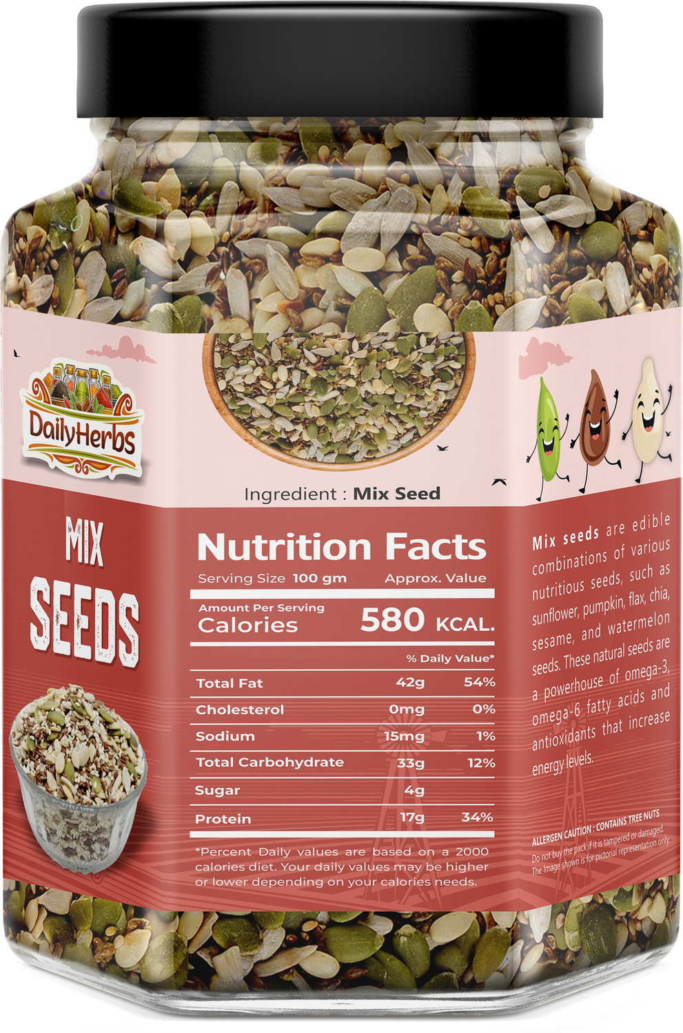 Image of DAILYHERBS Premium 6 in 1 Roasted super seed mix Immunity Booster weight loss Healthy snack Chia Seeds, Pumpkin Seeds, Sunflower Seeds, Watermelon Seeds, Brown Flax Seeds, White Sesame Seeds