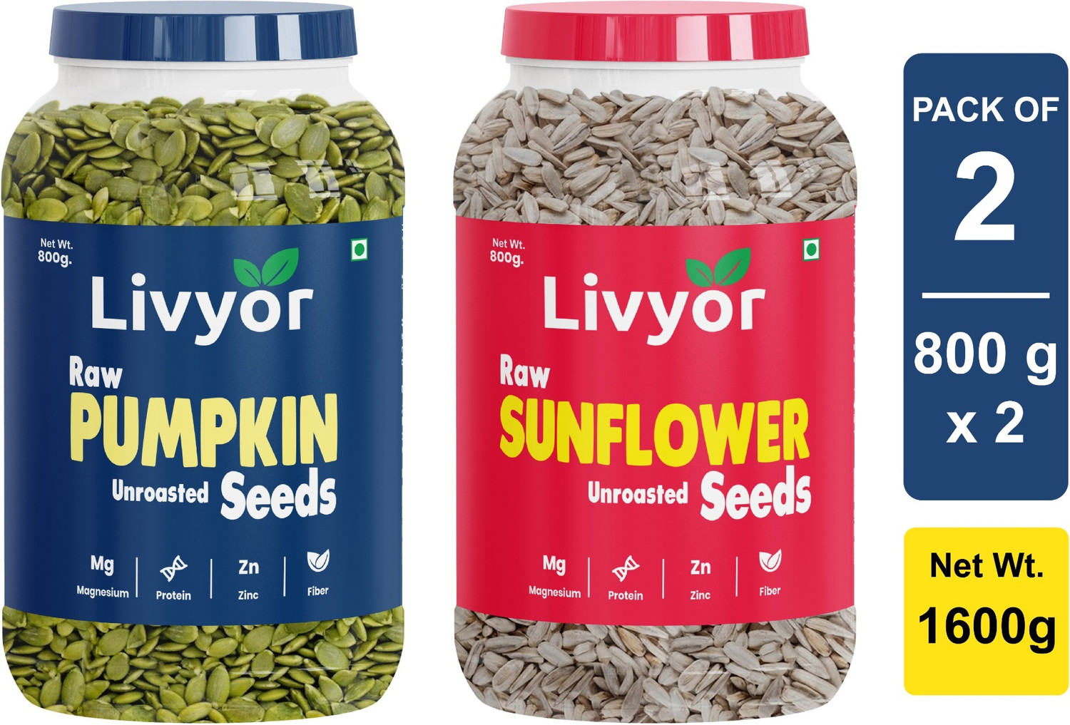 Image of LIVYOR Raw Pumpkin Seeds & Sunflower Seeds Combo Pack for eating (800 g each) Pumpkin Seeds, Sunflower Seeds