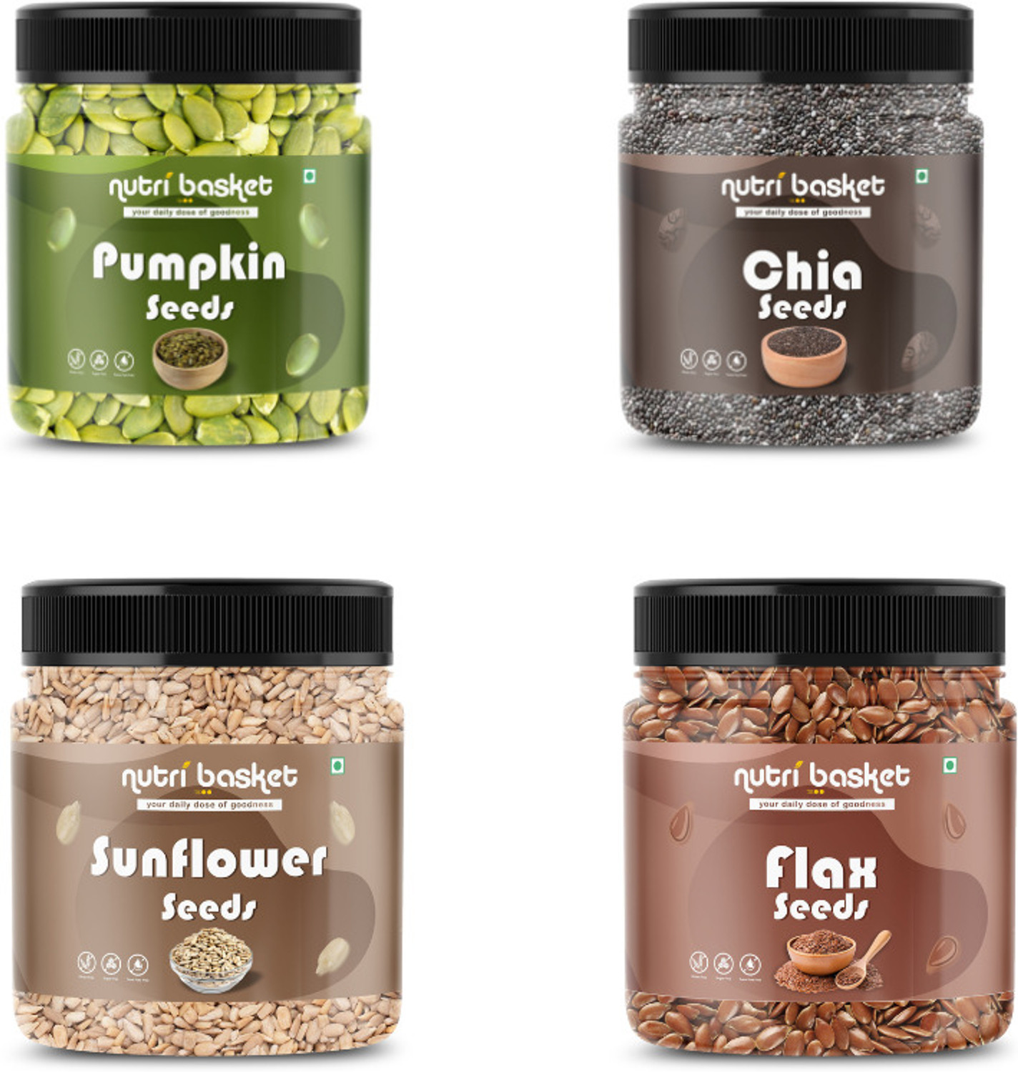 Image of nutribasket RAW SUPER SEEDS COMBO PACK 4 X 250GM Pumpkin Seeds, Chia Seeds, Sunflower Seeds, Roasted Flax Seeds
