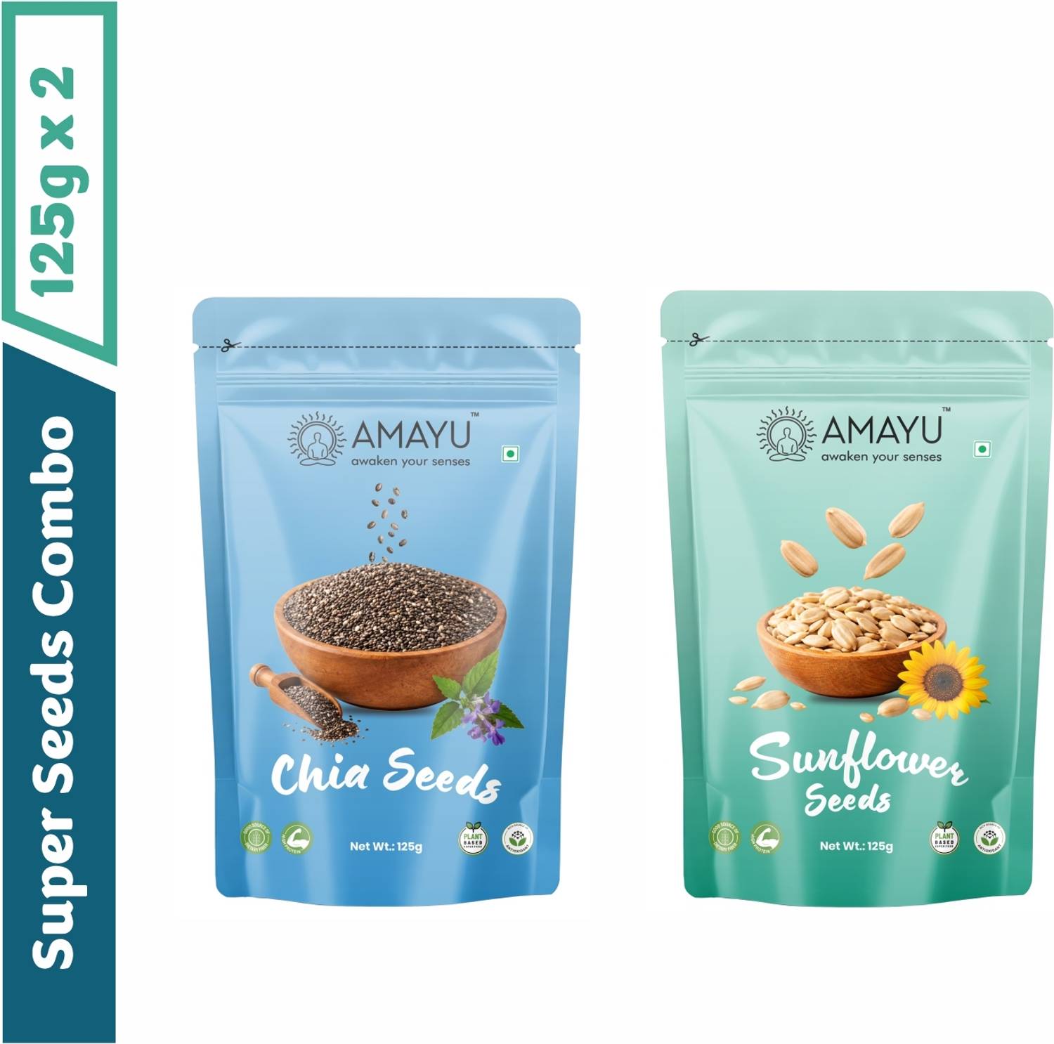 AMAYU Raw Organic Chia Seeds Weight Loss 125g | Sunflower Seeds for Eating 125g Combo Chia Seeds, Sunflower Seeds