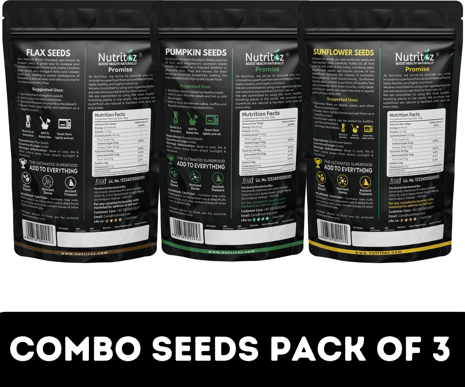 Image of Nutritoz Pumpkin Seeds, Sunflower Seeds & Flax Seeds Combo Pack of 3 | 200GM Each Brown Flax Seeds, Pumpkin Seeds, Sunflower Seeds