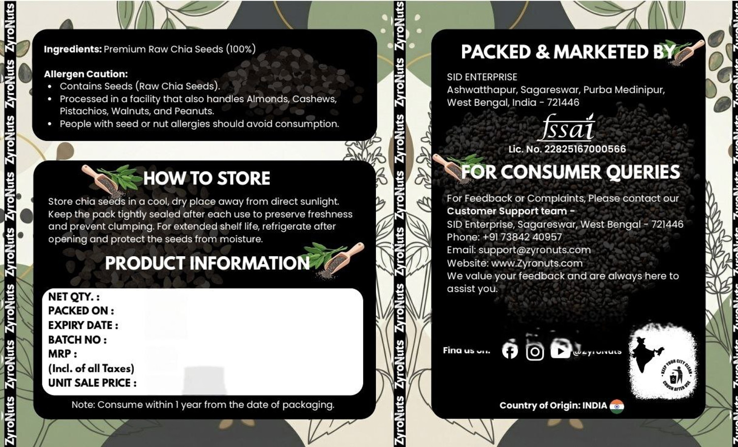 Image of ZYRONUTS Raw chia seed 200g Chia Seeds