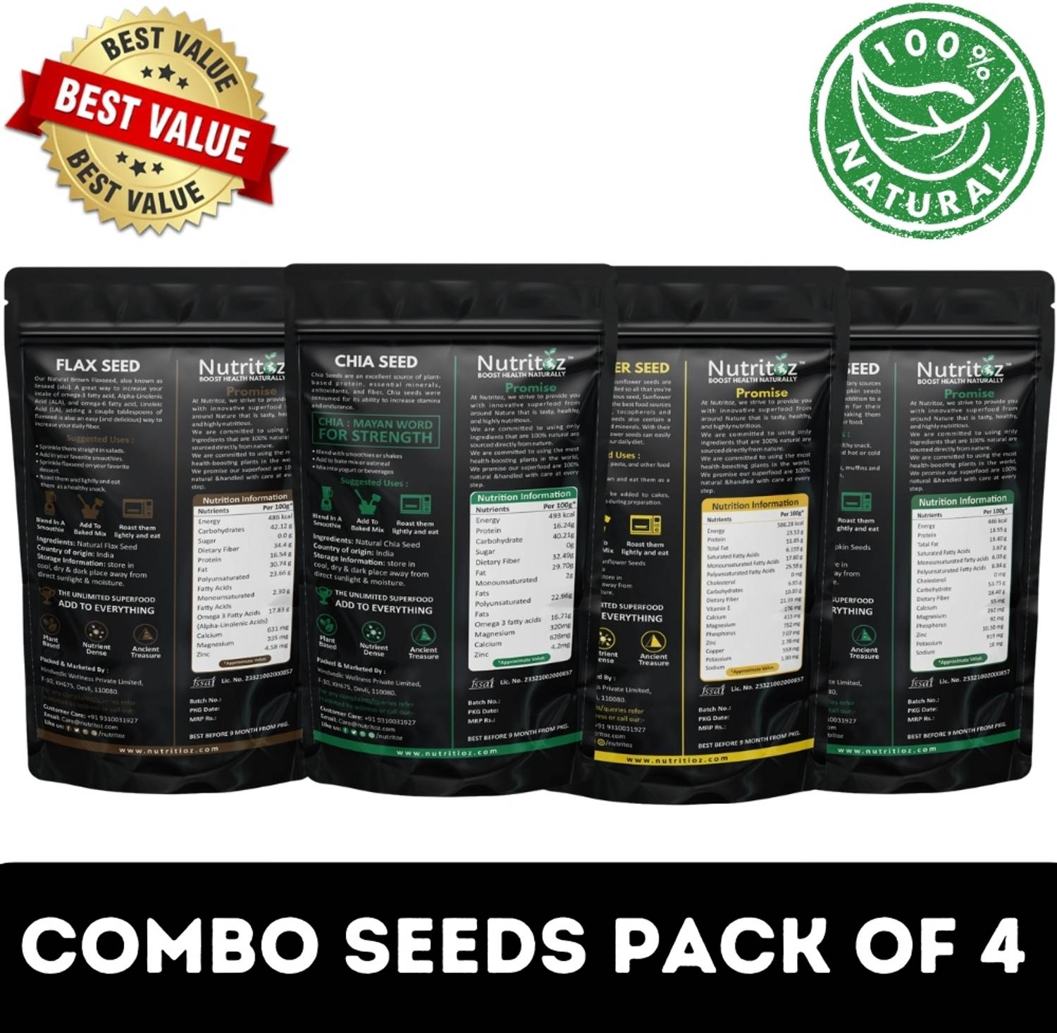 Nutritoz Raw Chia, Flax, Pumpkin & Sunflower Seeds Combo 100GM x 4 - Image 2