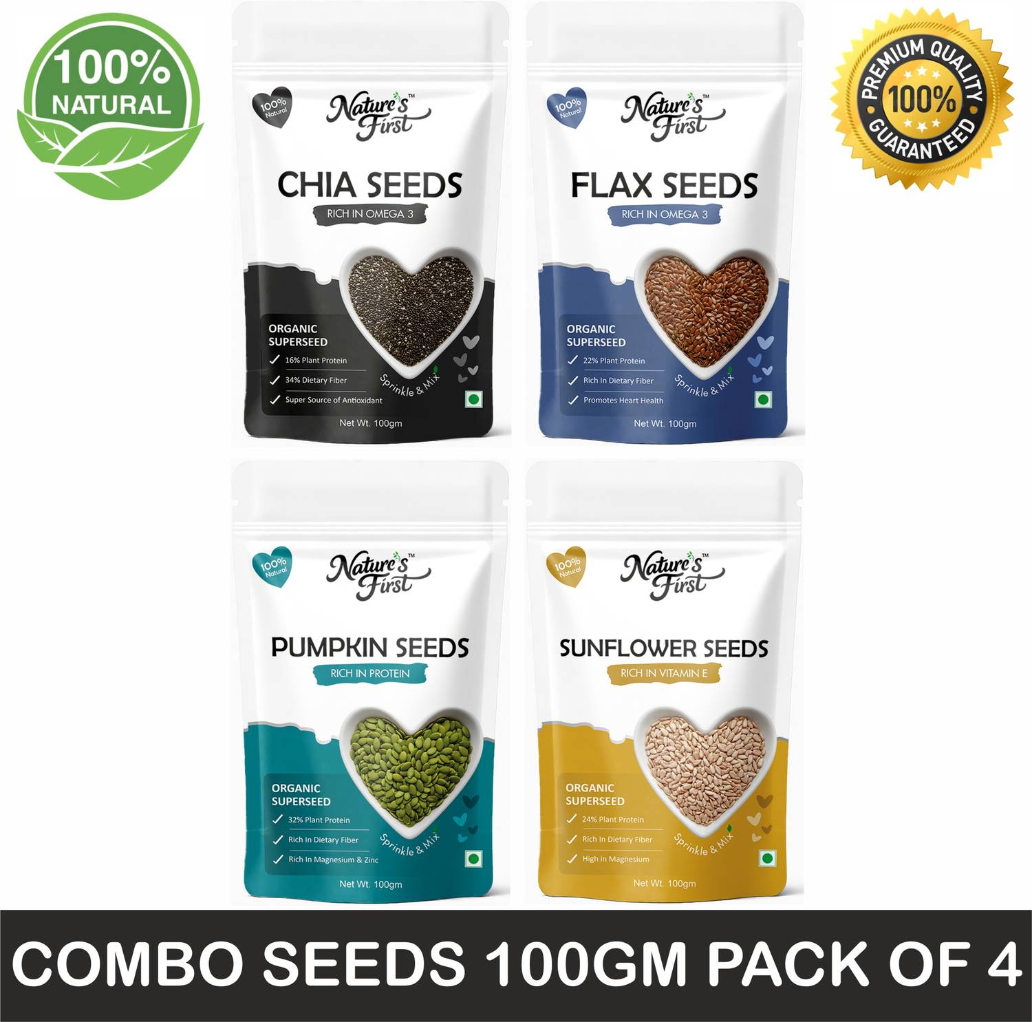 NATURE'S FIRST Raw Chia, Flax, Pumpkin & Sunflower Seeds 100gm Each - Image 1