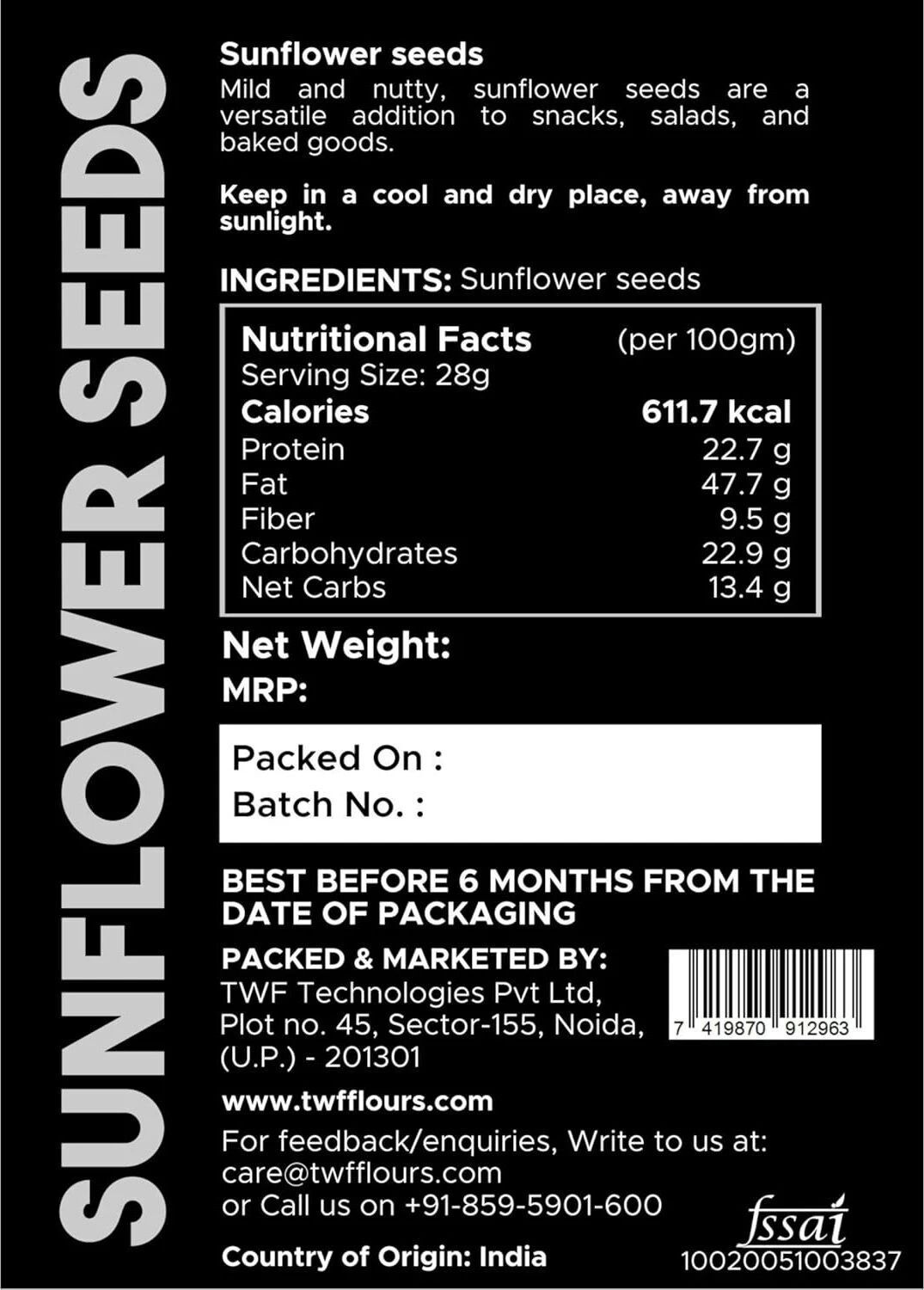 Image of TWF Sunflower Seeds | Mega Crunchy Unsalted | Best Use in Snacking, Baking & Cooking Sunflower Seeds