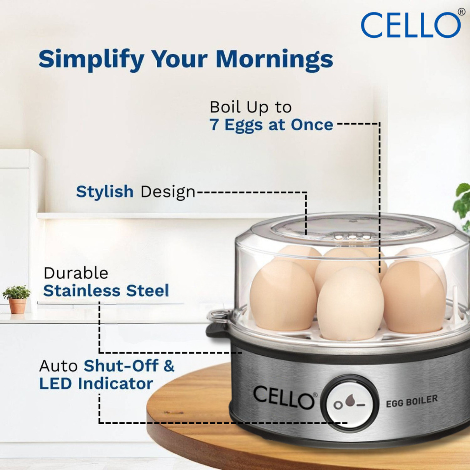 Image of CELLO GEM 7 Smart Egg Boiler 360-Watts Transparent, Boil Up to 7 Eggs Egg Cooker