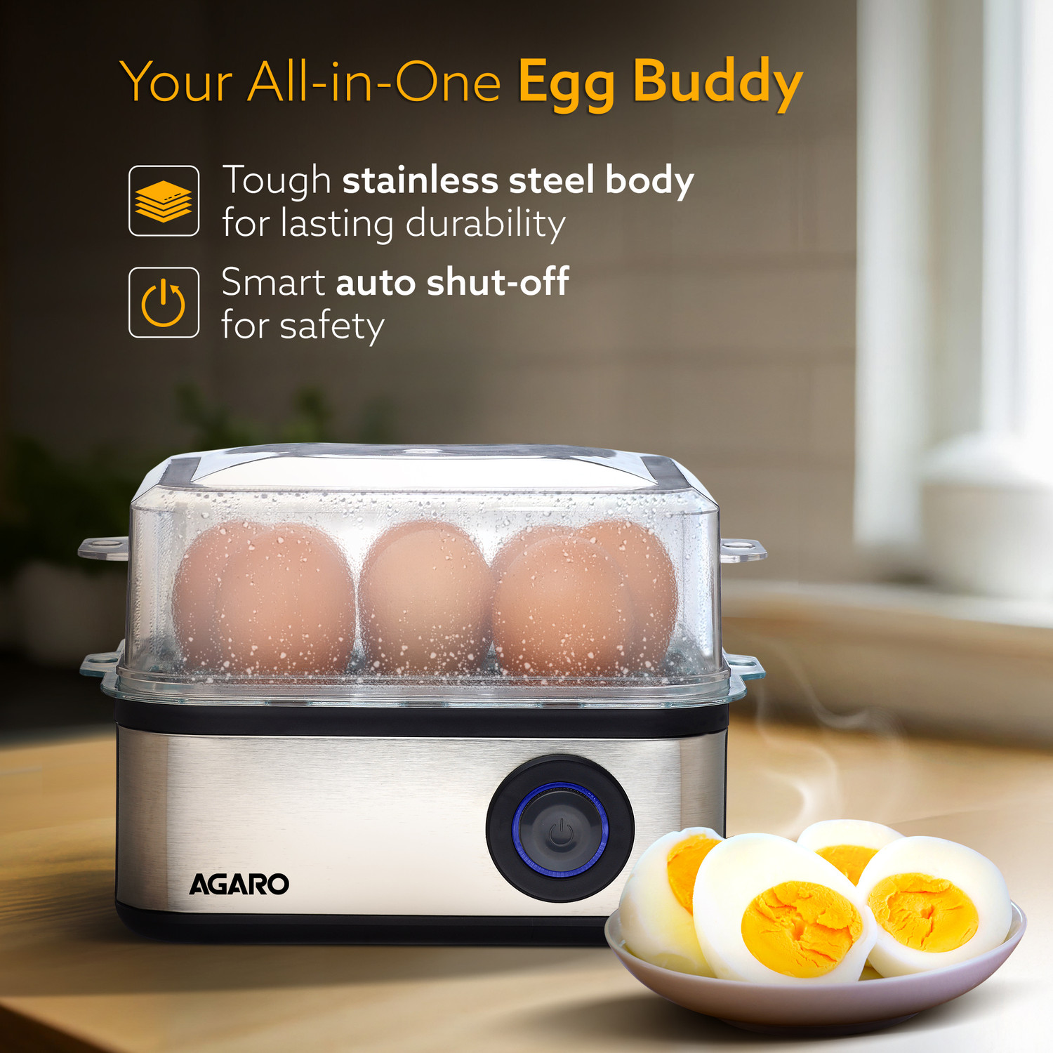 Image of AGARO 3 Boiling Modes, Stainless Steel Body, Transparent Lid, 500 Watts Grand Egg Boiler And Poacher,2-in1 Boils 8 Eggs, Poach 4 Eggs, Egg Cooker