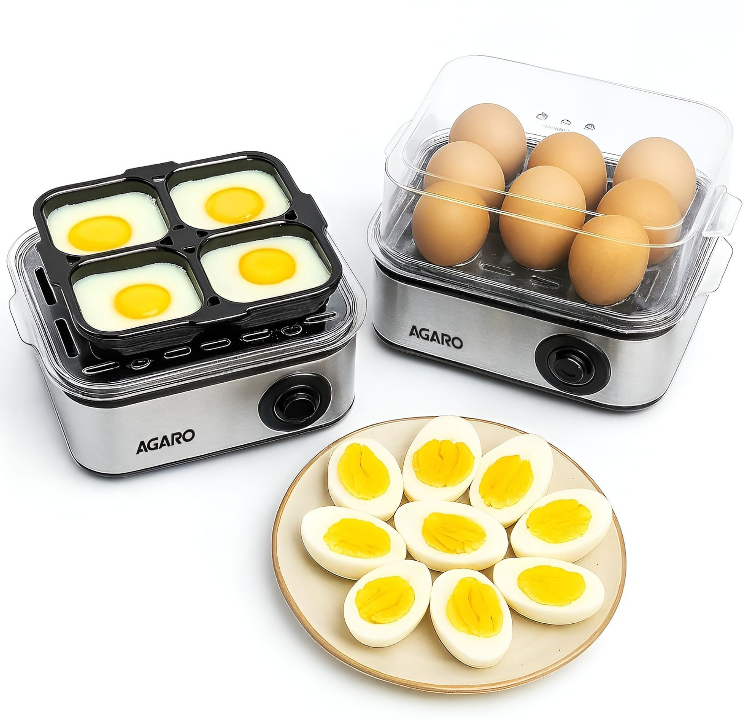 Image of AGARO 3 Boiling Types, Stainless Steel Body, Transparent Lid, 500W, Silver Egg Boiler And Poacher, 2-in1 Boils Steamed Vegetables Egg Cooker