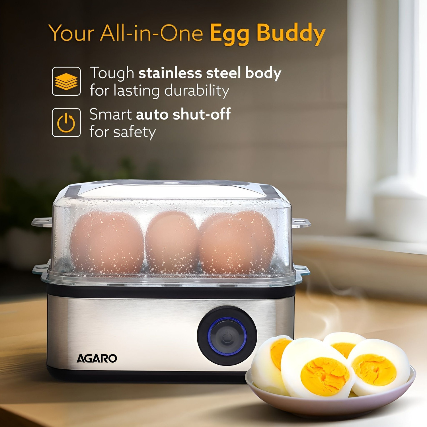 Image of AGARO 3 Boiling Types, Stainless Steel Body, Transparent Lid, 500W, Silver Egg Boiler And Poacher, 2-in1 Boils Steamed Vegetables Egg Cooker