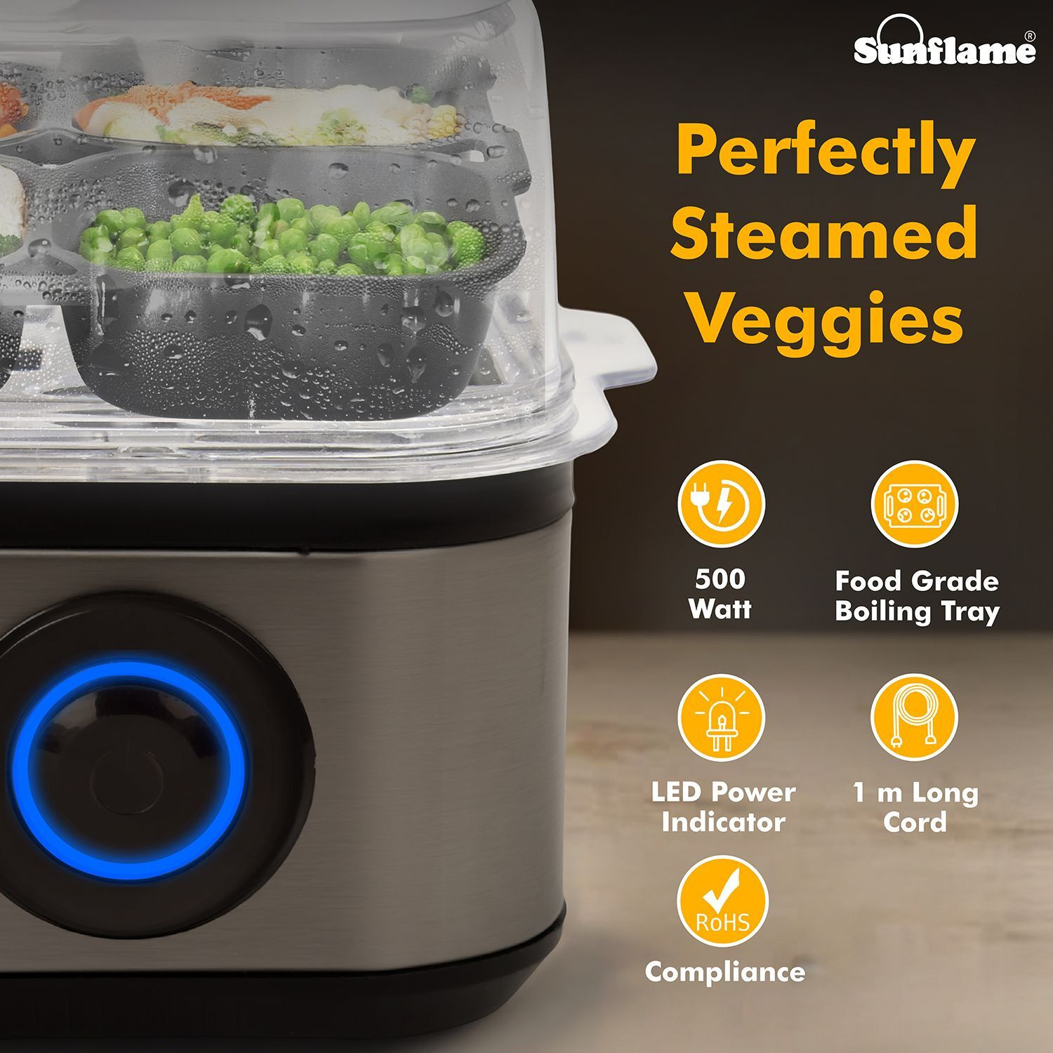 Image of Sunflame Egg Boiler 3-in-1 | Boil 8 Eggs, Poach 4 Eggs, Steam Vegetables | SS Body | SFEB-SN5003 Egg Cooker