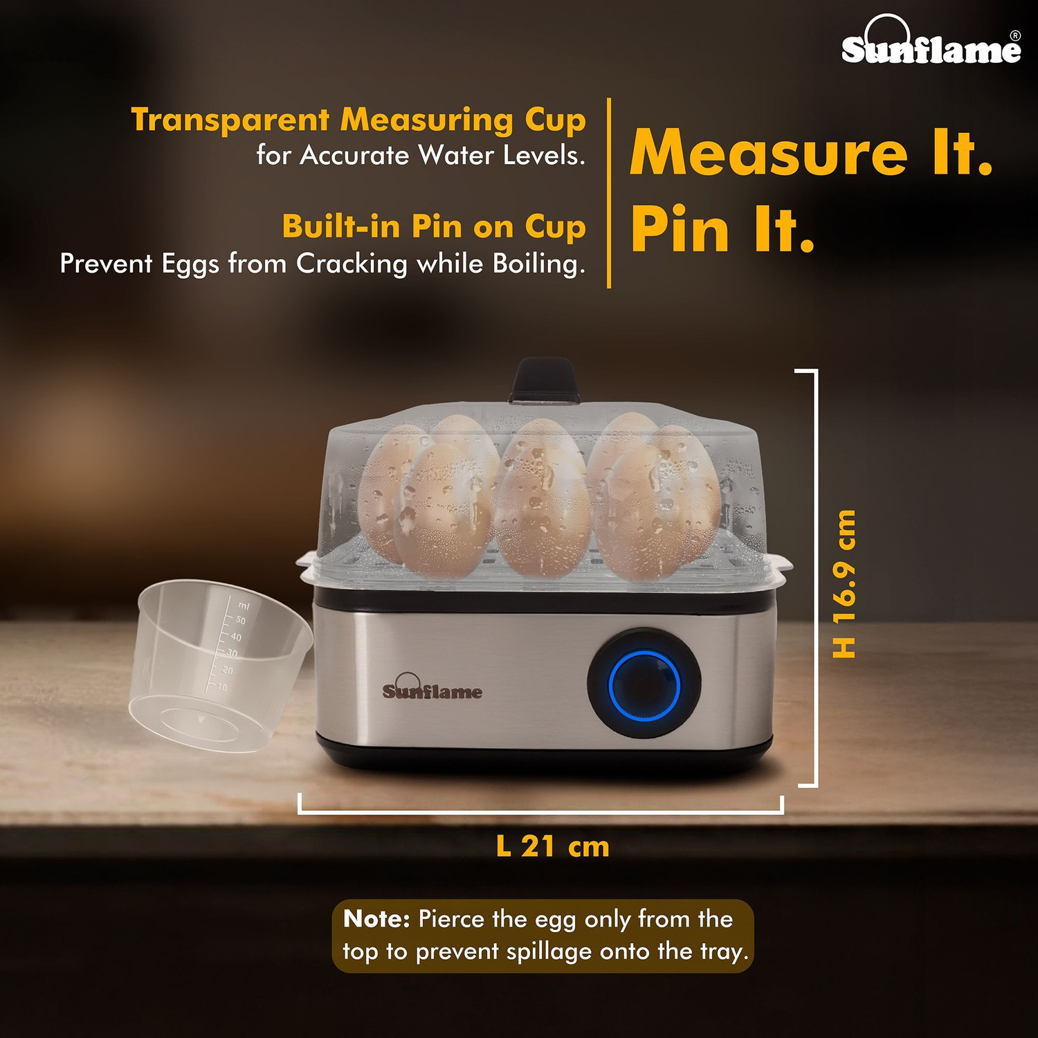 Image of Sunflame Egg Boiler 3-in-1 | Boil 8 Eggs, Poach 4 Eggs, Steam Vegetables | SS Body | SFEB-SN5003 Egg Cooker