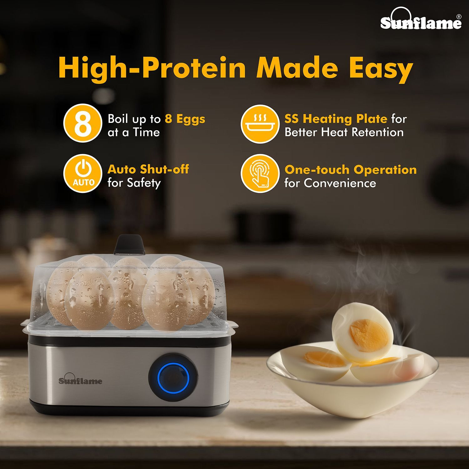 Image of Sunflame Egg Boiler 3-in-1 | Boil 8 Eggs, Poach 4 Eggs, Steam Vegetables | SS Body | SFEB-SN5003 Egg Cooker