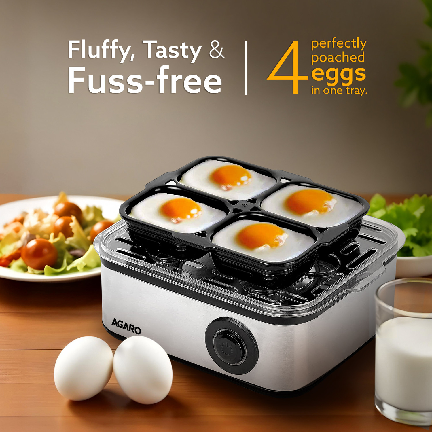 Image of AGARO 3 Boiling Modes, Stainless Steel Body, Transparent Lid, 500 Watts Grand Egg Boiler And Poacher,2-in1 Boils 8 Eggs, Poach 4 Eggs, Egg Cooker