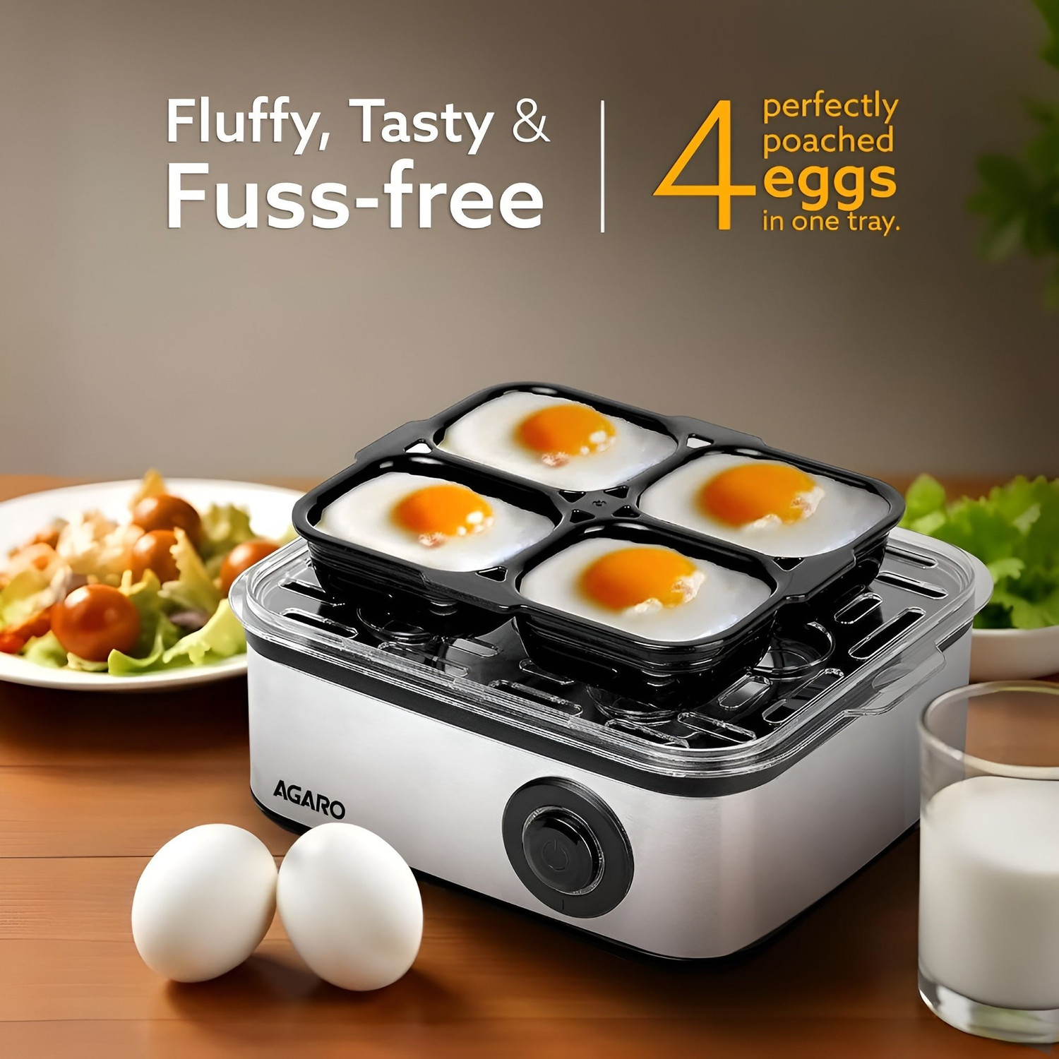 Image of AGARO 3 Boiling Types, Stainless Steel Body, Transparent Lid, 500W, Silver Egg Boiler And Poacher, 2-in1 Boils Steamed Vegetables Egg Cooker