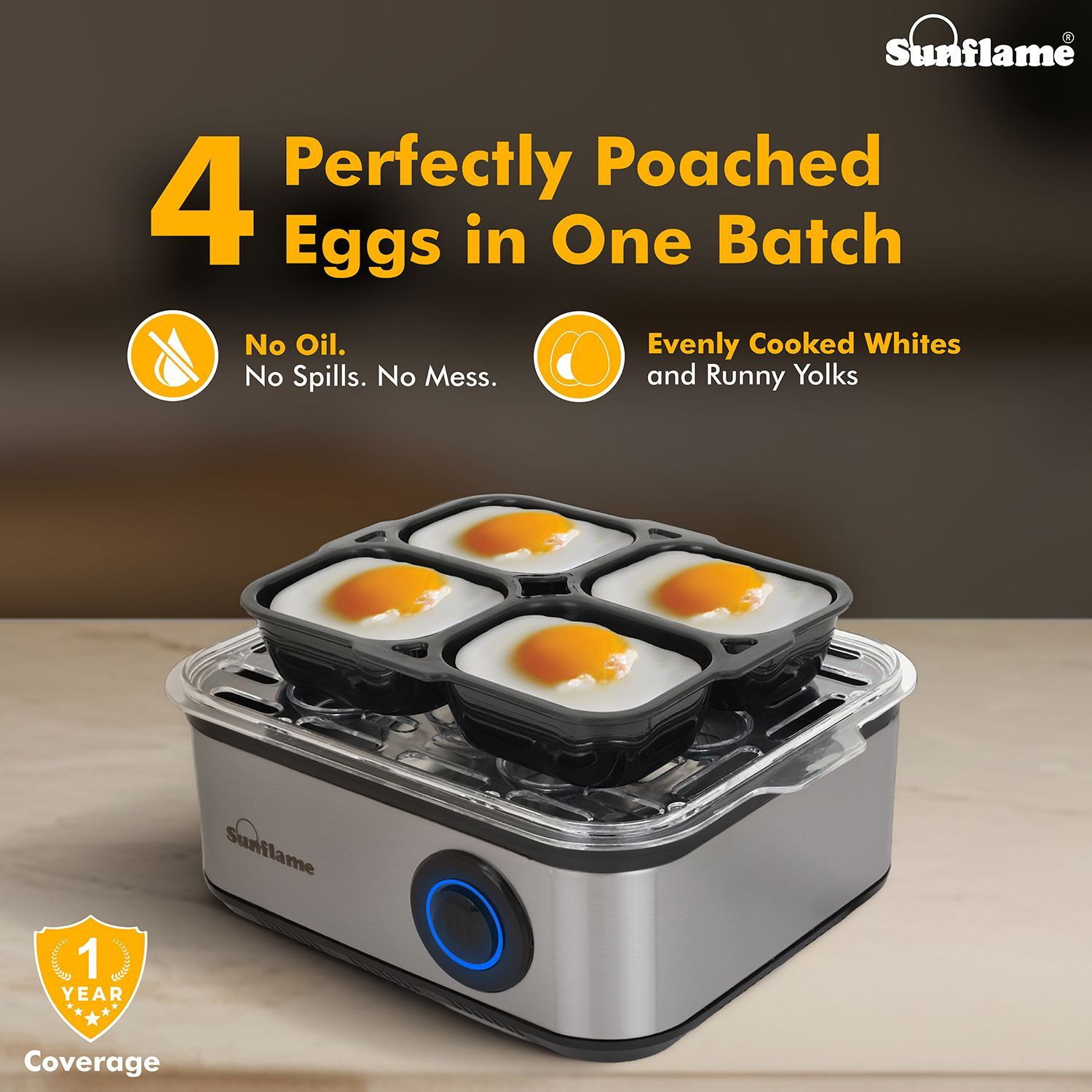 Image of Sunflame Egg Boiler 3-in-1 | Boil 8 Eggs, Poach 4 Eggs, Steam Vegetables | SS Body | SFEB-SN5003 Egg Cooker