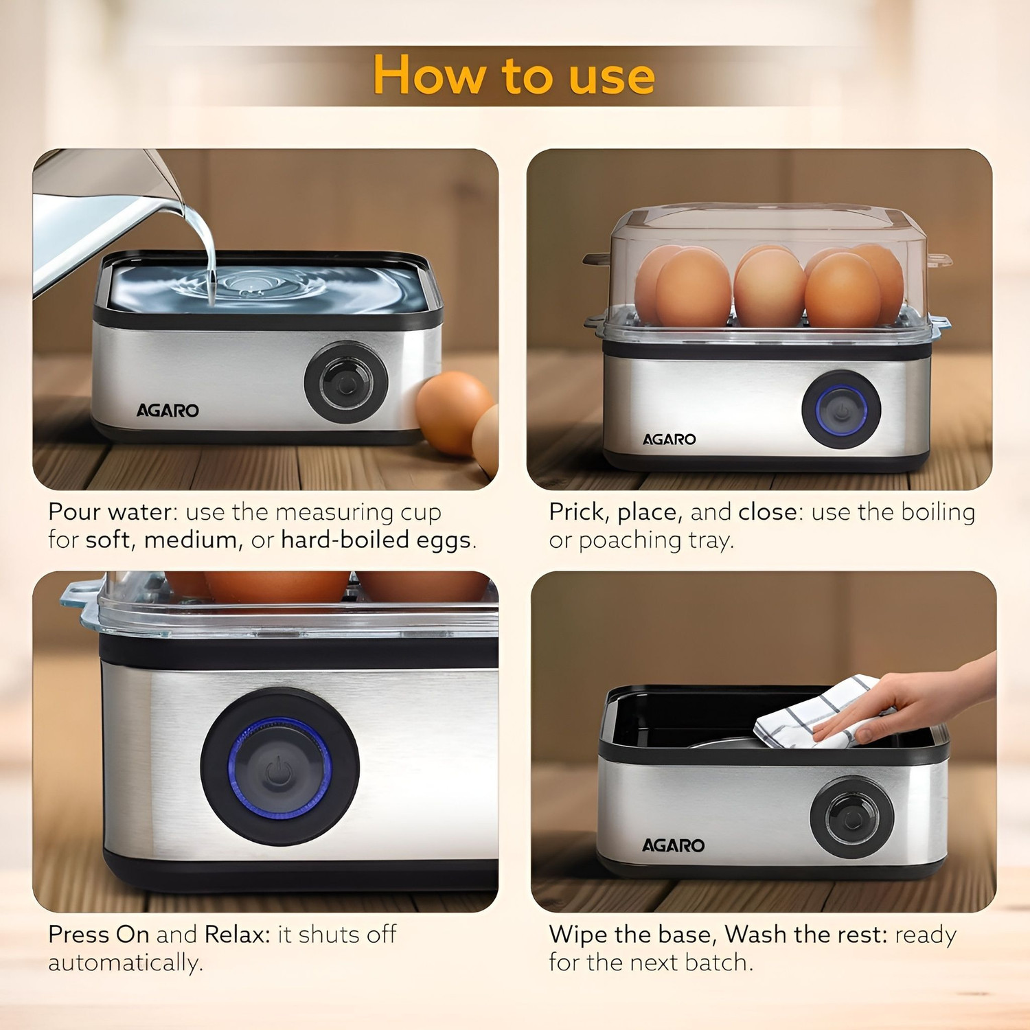 Image of AGARO 3 Boiling Types, Stainless Steel Body, Transparent Lid, 500W, Silver Egg Boiler And Poacher, 2-in1 Boils Steamed Vegetables Egg Cooker