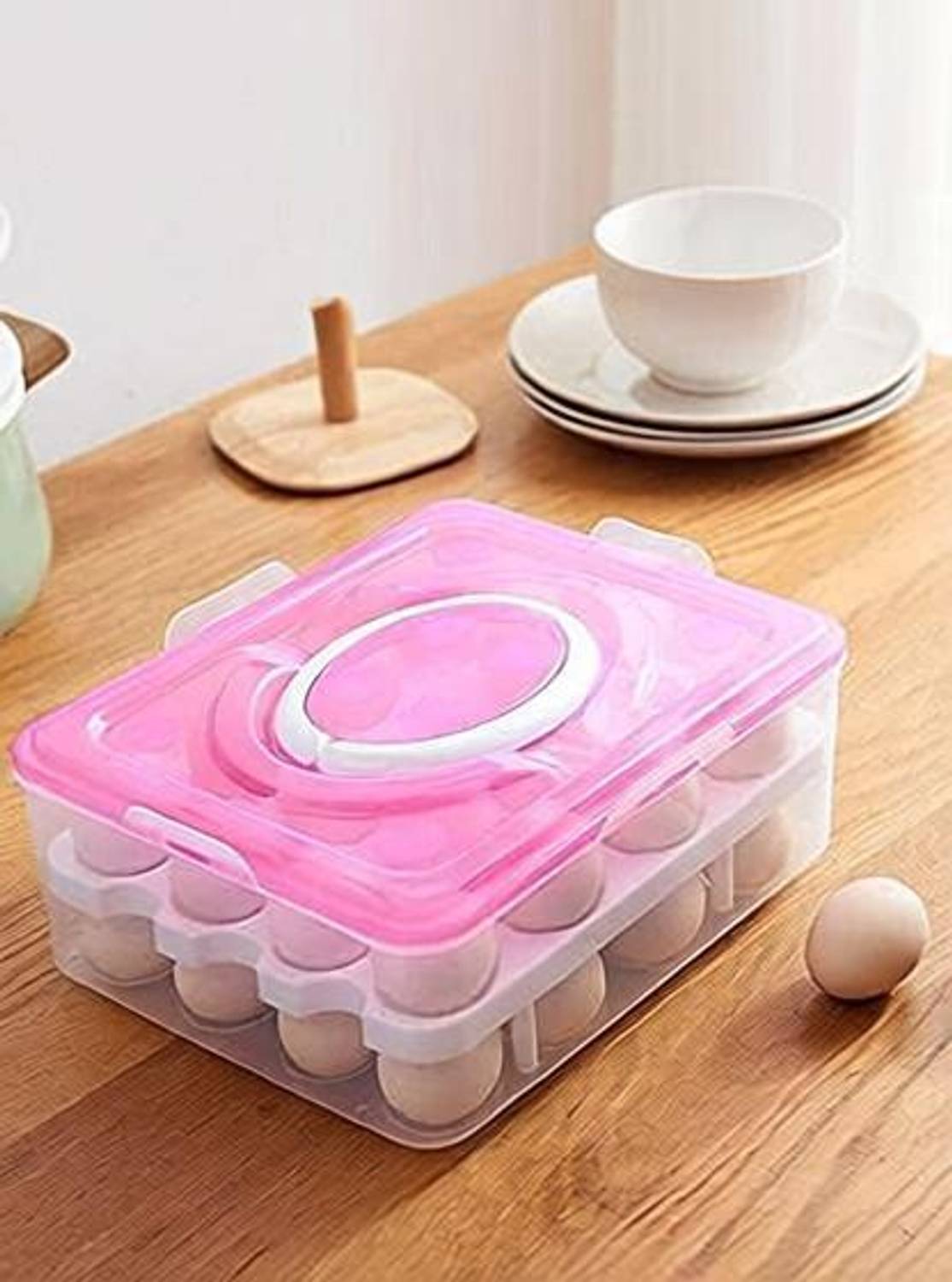 Amulakh Double Layer All in One Egg Storage Box,32 Grid Egg Holder with Tray Plastic Box Fridge Door Shelf