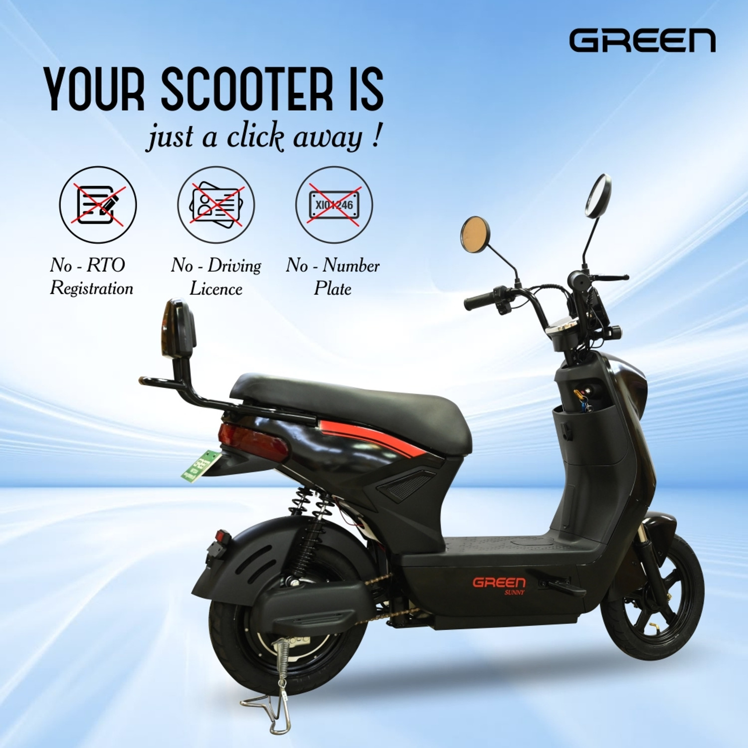Image of Green Sunny Black 60KM Booking for Ex-Showroom Price (with Portable Charger, Black)