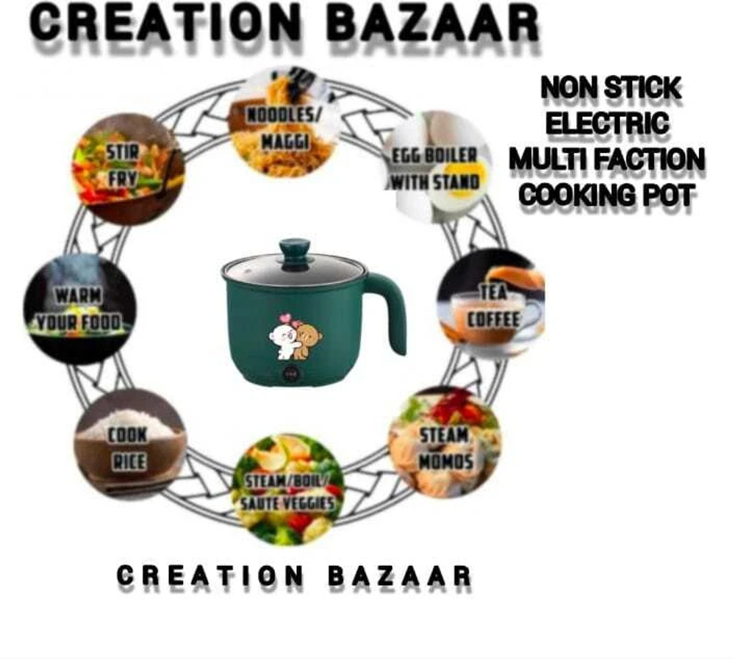 Image of CREATION BAZAAR Mini Multiifunction Non-Stick Cooker with Glass Lid Base Concealed Cooking Pot Rice Cooker, Travel Cooker, Egg Cooker, Egg Boiler, Food Steamer