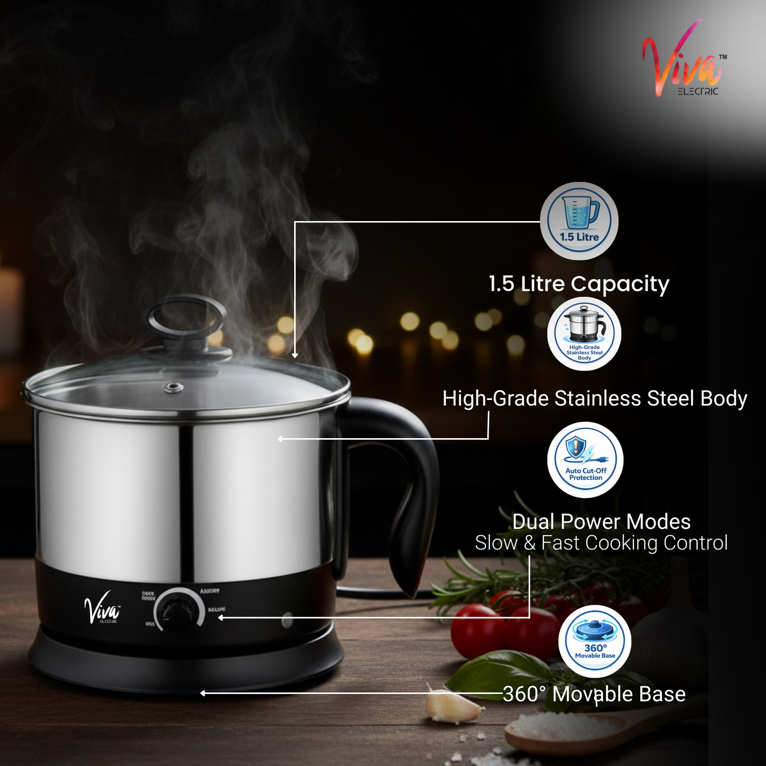 Image of Viva Electric 4-in-1 Multi-Utility Electric Kettle Rice Cooker, Travel Cooker, Food Steamer, Egg Boiler