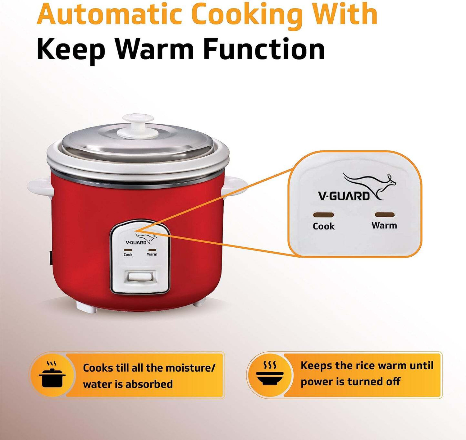 Image of V-Guard VRC2.8(2CB) BIS CERTIFIED| Double layer outer body|5year heating element waranty Electric Rice Cooker