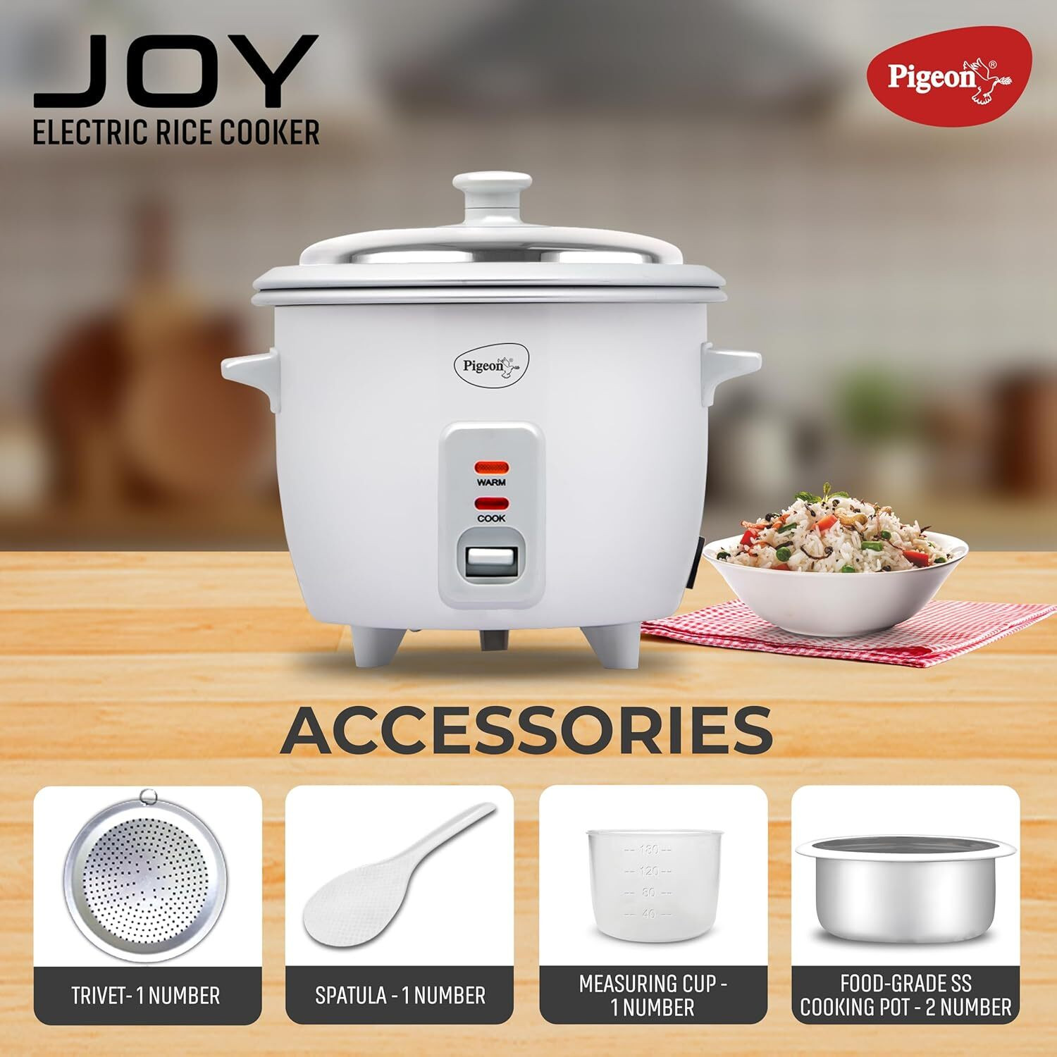 Image of Pigeon Joy Automatic Multi Cooker | Food Warmer | Small Aluminium Double Pan | Mini Electric Rice Cooker with Steaming Feature
