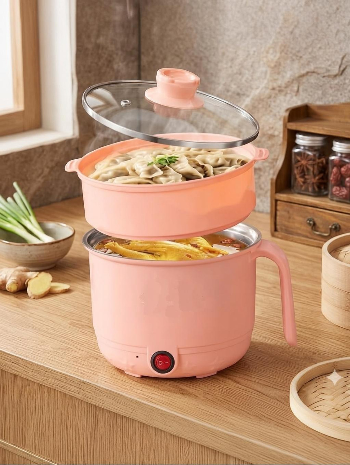 Image of Virexa Peach Multifunction Electric Cooker for Noodles, Soup & More! Electric Rice Cooker with Steaming Feature