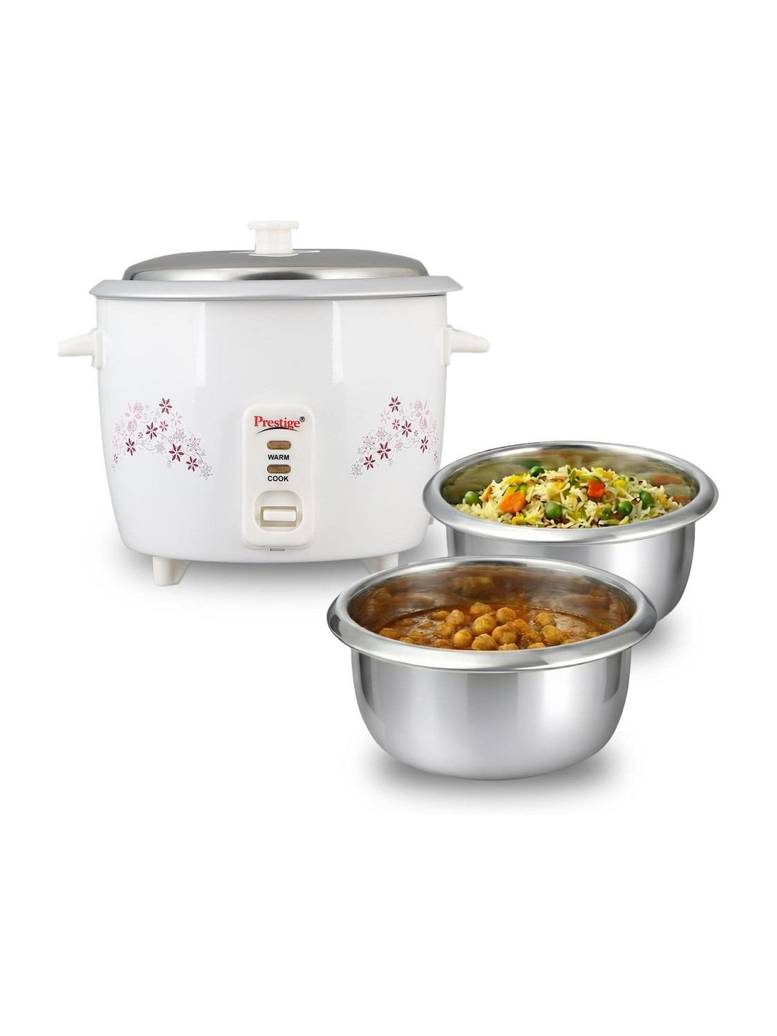 Image of Prestige Delight PRWO-1.5-2 Double Pot with Aluminium Cooking Pan-2 Electric Rice Cooker with Steaming Feature (1.5 L, White)
