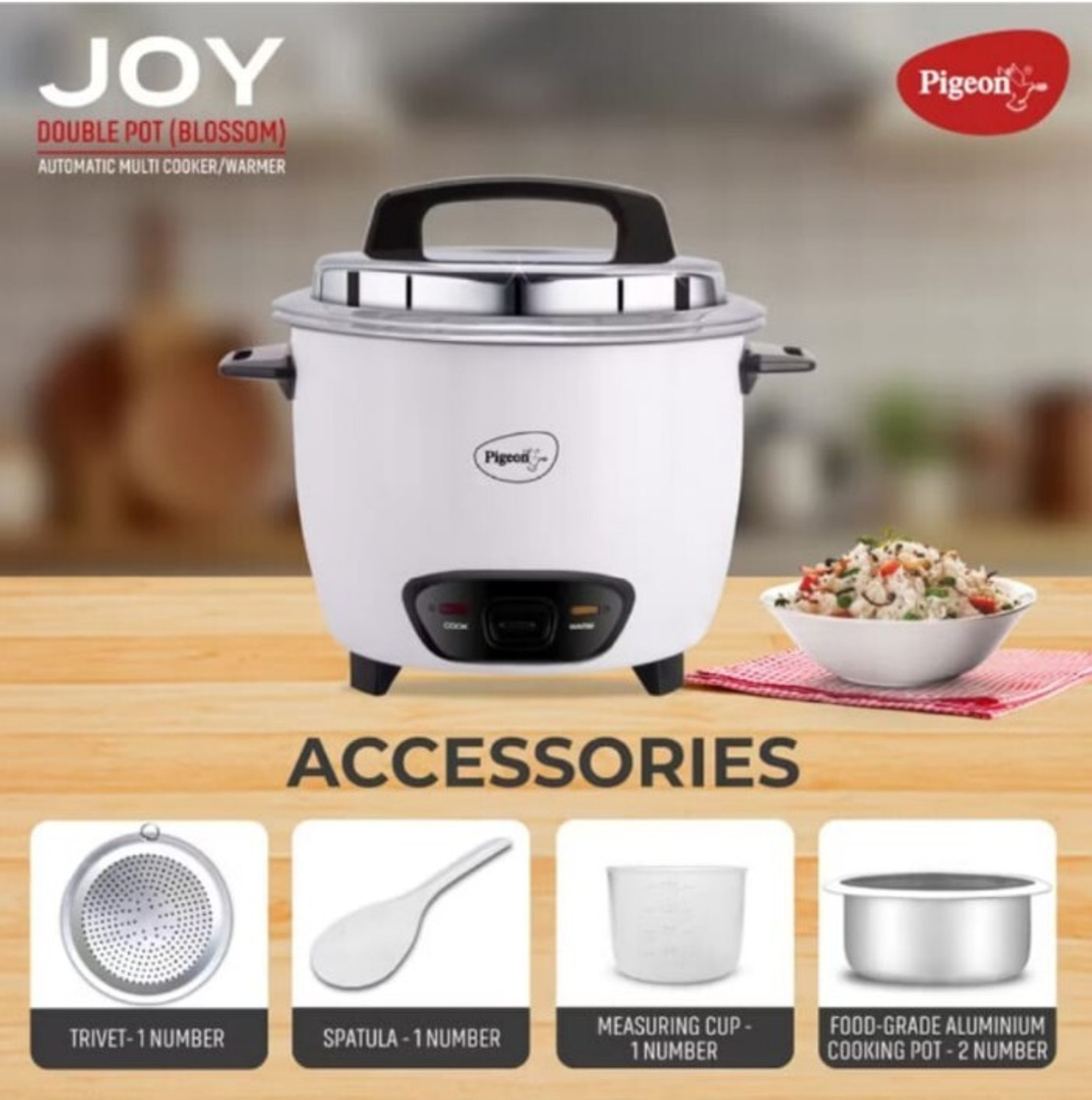 Image of Pigeon Joy Blossom (with SS lid) - 1.8 L (Double Pot) Electric Rice Cooker with Steaming Feature