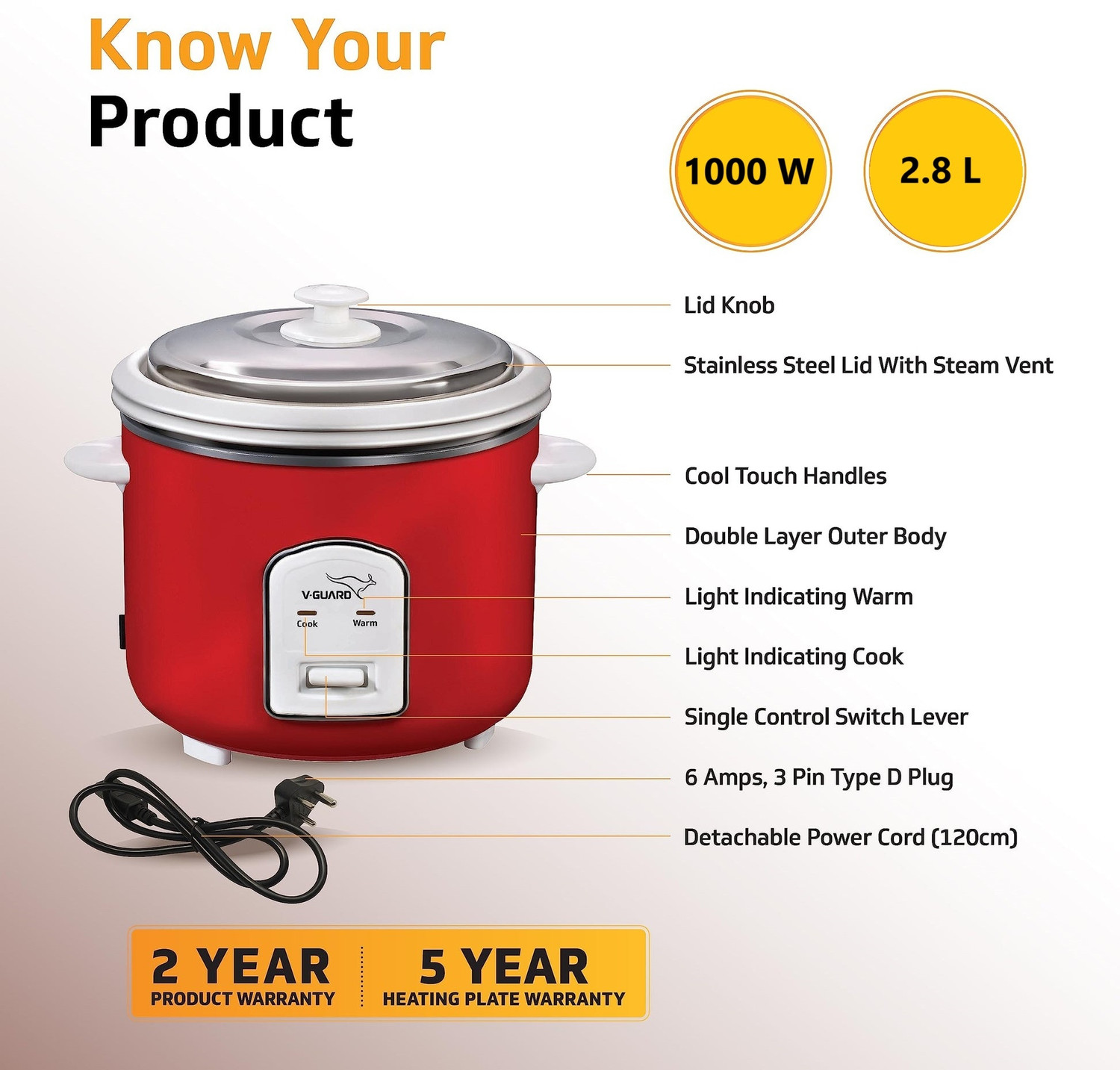 Image of V-Guard VRC2.8(2CB) BIS CERTIFIED| Double layer outer body|5year heating element waranty Electric Rice Cooker