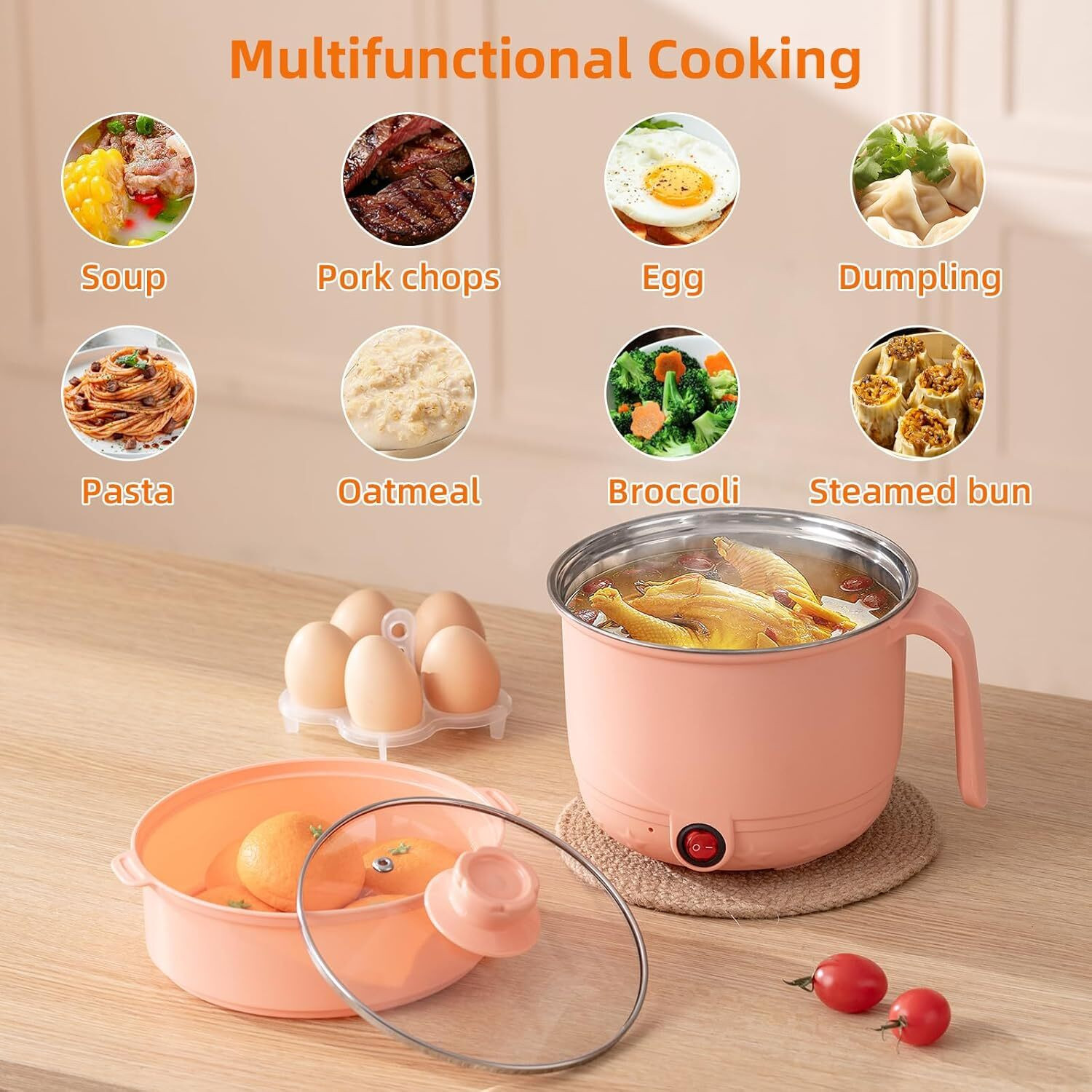 Image of DEALZONE Electric Cooking Pot, Steamer with Egg try 1.5L Multi Cooker with Concealed Base Electric Pressure Cooker, Food Steamer, Rice Cooker, Travel Cooker, Egg Boiler