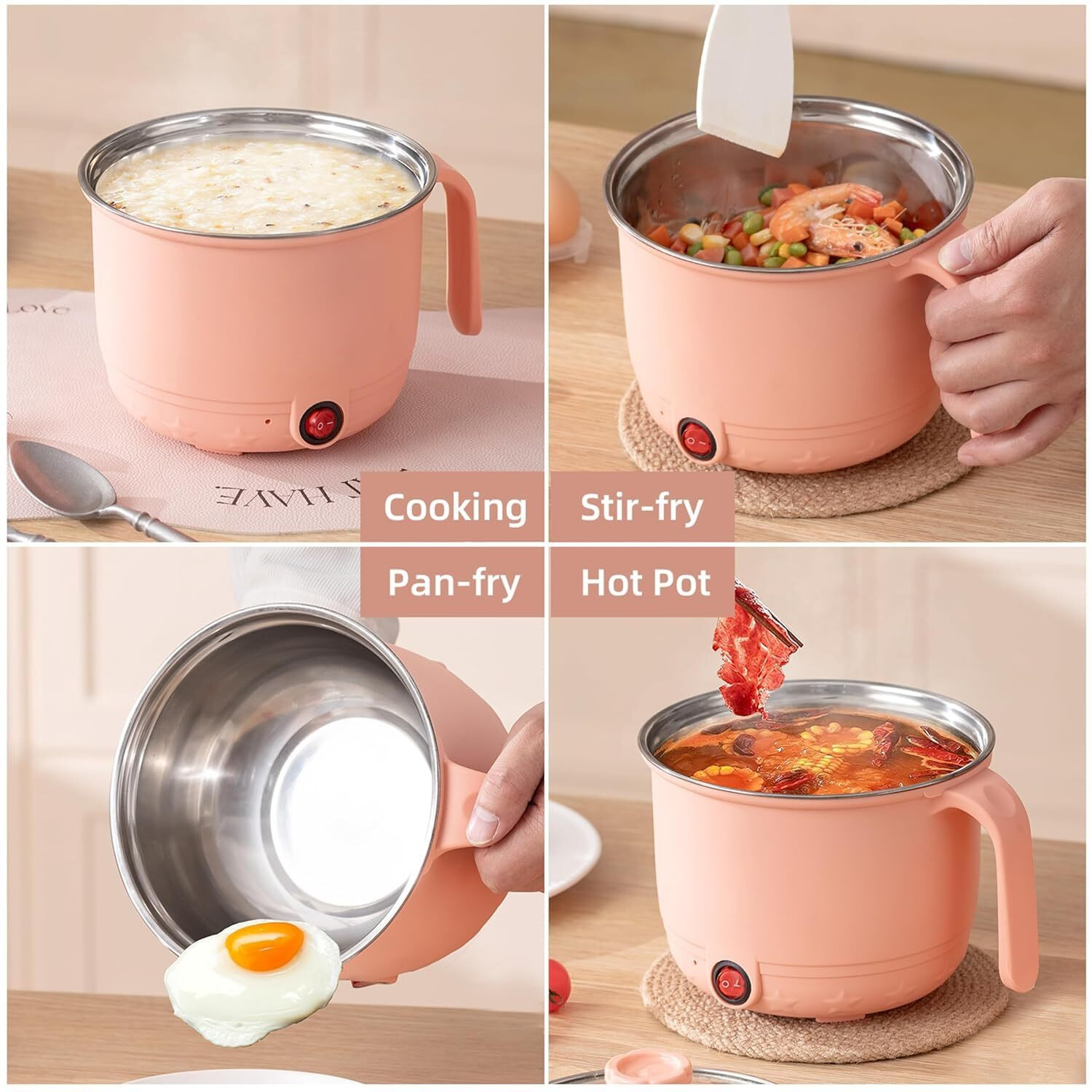 Image of Virexa Peach Multifunction Electric Cooker for Noodles, Soup & More! Electric Rice Cooker with Steaming Feature