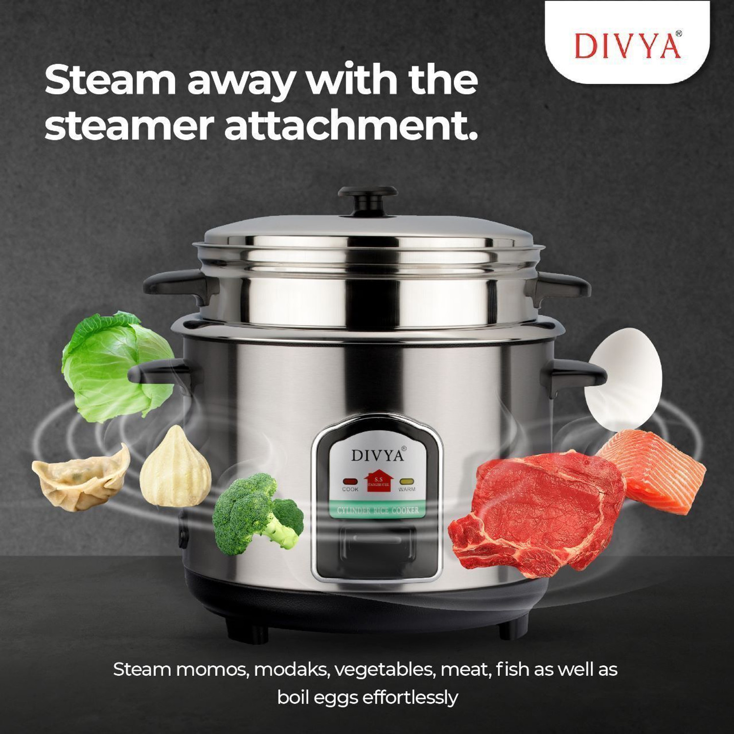 Image of DIVYA Stainless Steel 1.8 Litres Cylinder Electric Rice Cooker with Steaming Feature